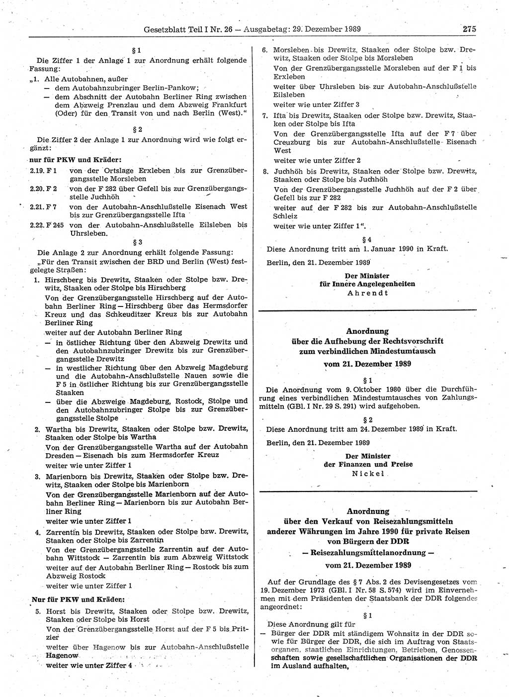 Gesetzblatt (GBl.) der Deutschen Demokratischen Republik (DDR) Teil Ⅰ 1989, Seite 275 (GBl. DDR Ⅰ 1989, S. 275)