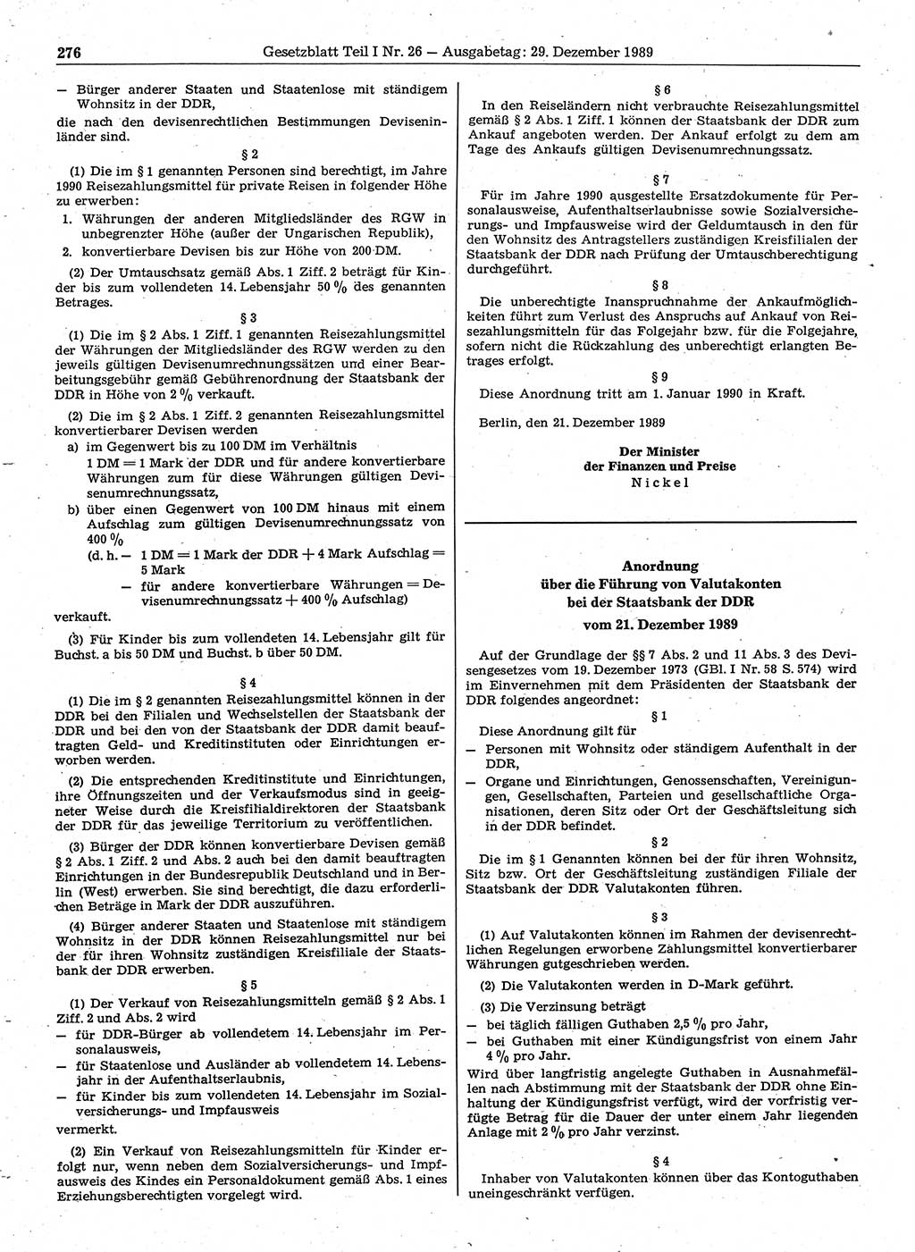 Gesetzblatt (GBl.) der Deutschen Demokratischen Republik (DDR) Teil Ⅰ 1989, Seite 276 (GBl. DDR Ⅰ 1989, S. 276)