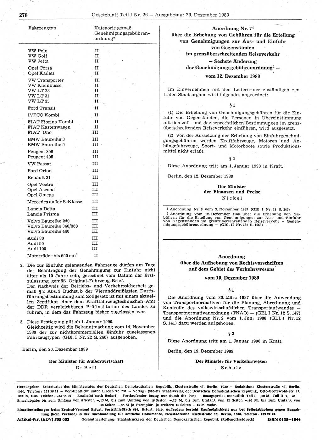 Gesetzblatt (GBl.) der Deutschen Demokratischen Republik (DDR) Teil Ⅰ 1989, Seite 278 (GBl. DDR Ⅰ 1989, S. 278)