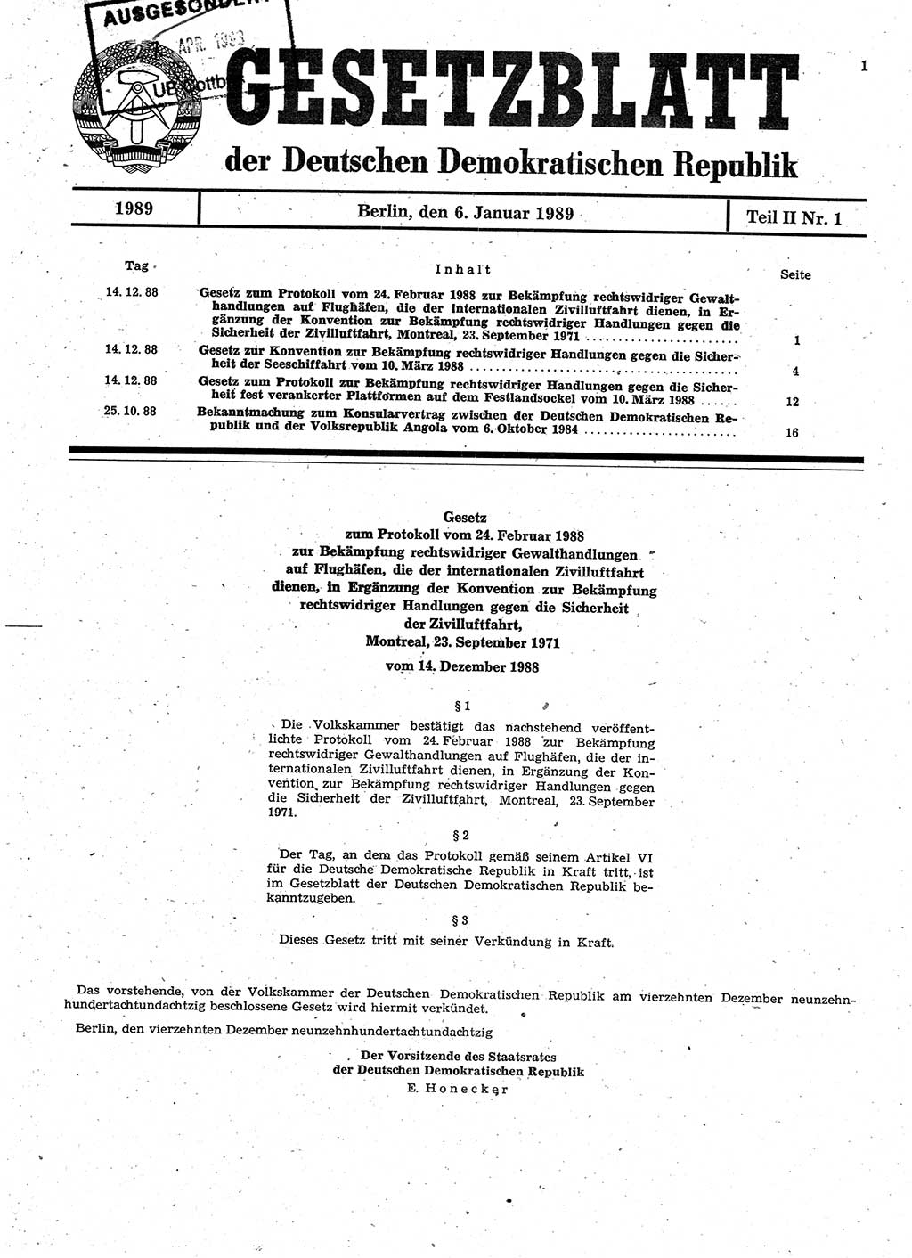 Gesetzblatt (GBl.) der Deutschen Demokratischen Republik (DDR) Teil ⅠⅠ 1989, Seite 1 (GBl. DDR ⅠⅠ 1989, S. 1)
