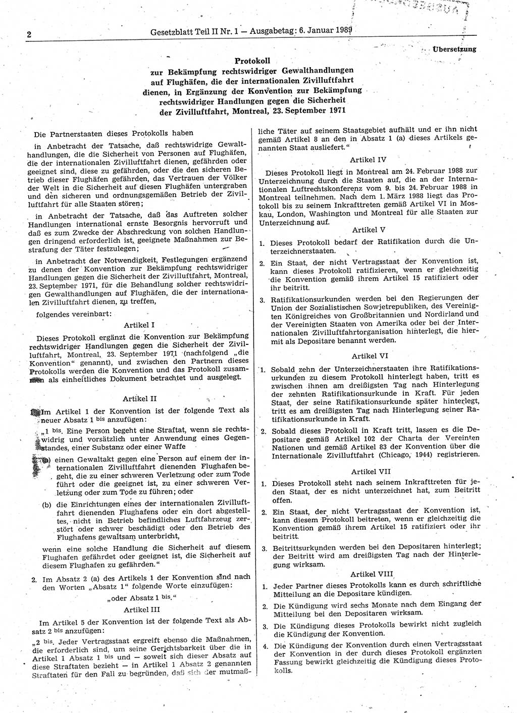 Gesetzblatt (GBl.) der Deutschen Demokratischen Republik (DDR) Teil ⅠⅠ 1989, Seite 2 (GBl. DDR ⅠⅠ 1989, S. 2)