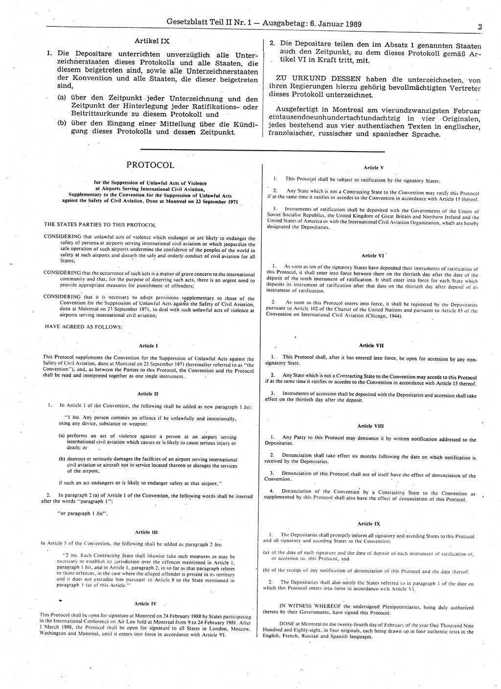 Gesetzblatt (GBl.) der Deutschen Demokratischen Republik (DDR) Teil ⅠⅠ 1989, Seite 3 (GBl. DDR ⅠⅠ 1989, S. 3)