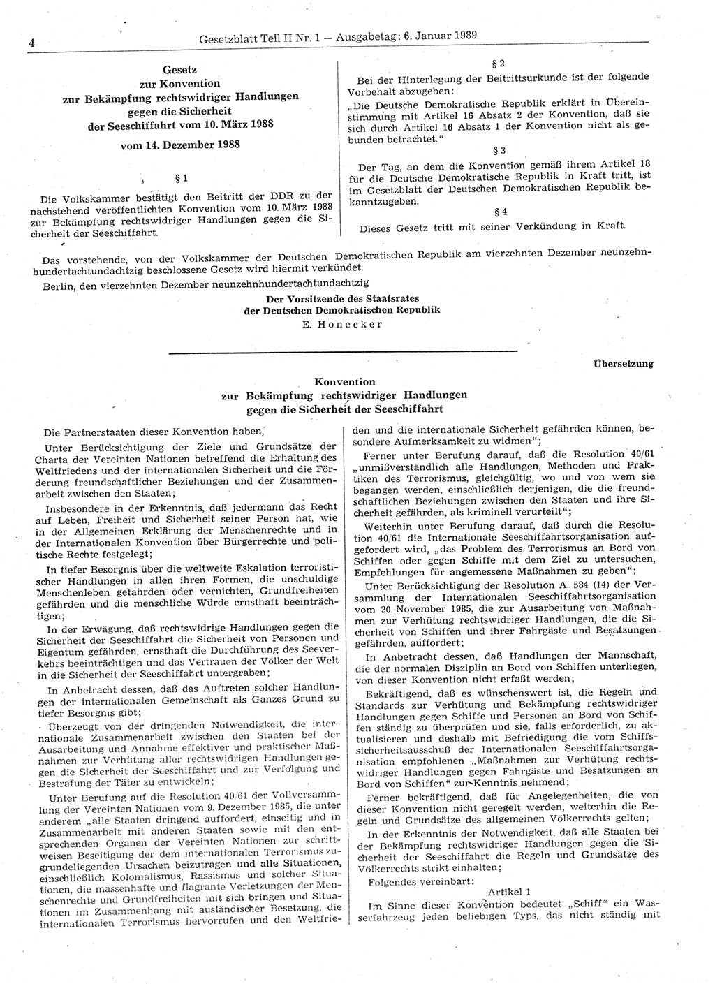 Gesetzblatt (GBl.) der Deutschen Demokratischen Republik (DDR) Teil ⅠⅠ 1989, Seite 4 (GBl. DDR ⅠⅠ 1989, S. 4)