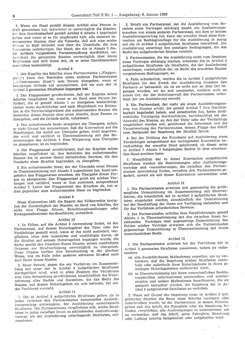 Gesetzblatt (GBl.) der Deutschen Demokratischen Republik (DDR) Teil ⅠⅠ 1989, Seite 6 (GBl. DDR ⅠⅠ 1989, S. 6)