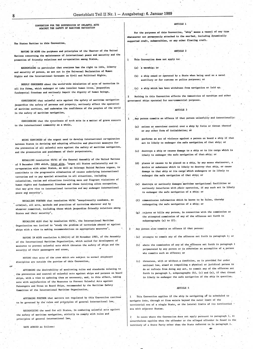 Gesetzblatt (GBl.) der Deutschen Demokratischen Republik (DDR) Teil ⅠⅠ 1989, Seite 8 (GBl. DDR ⅠⅠ 1989, S. 8)