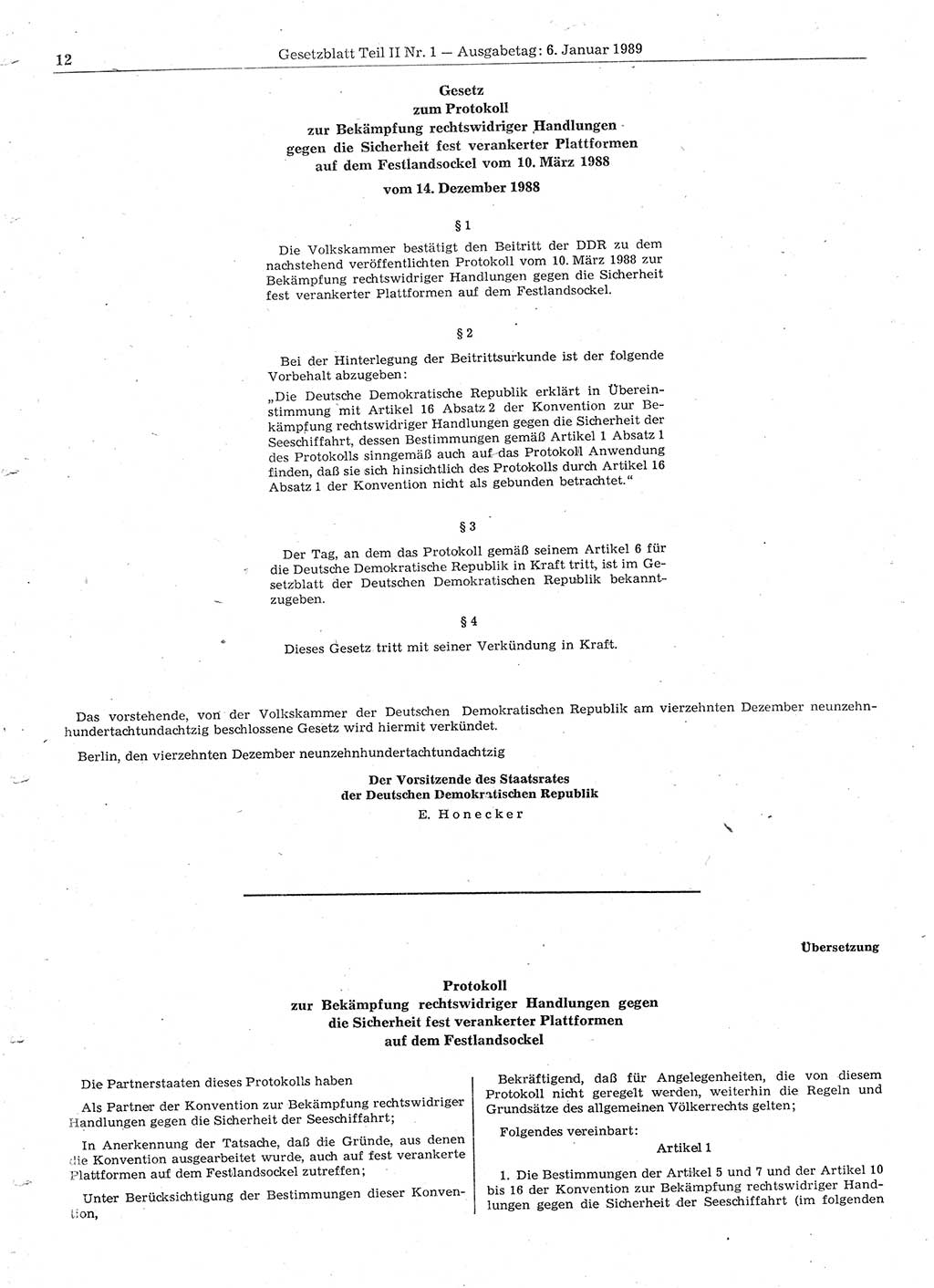 Gesetzblatt (GBl.) der Deutschen Demokratischen Republik (DDR) Teil ⅠⅠ 1989, Seite 12 (GBl. DDR ⅠⅠ 1989, S. 12)