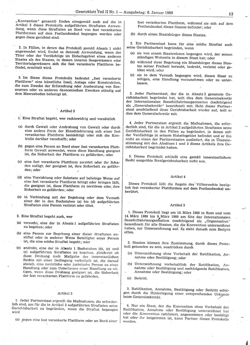 Gesetzblatt (GBl.) der Deutschen Demokratischen Republik (DDR) Teil ⅠⅠ 1989, Seite 13 (GBl. DDR ⅠⅠ 1989, S. 13)