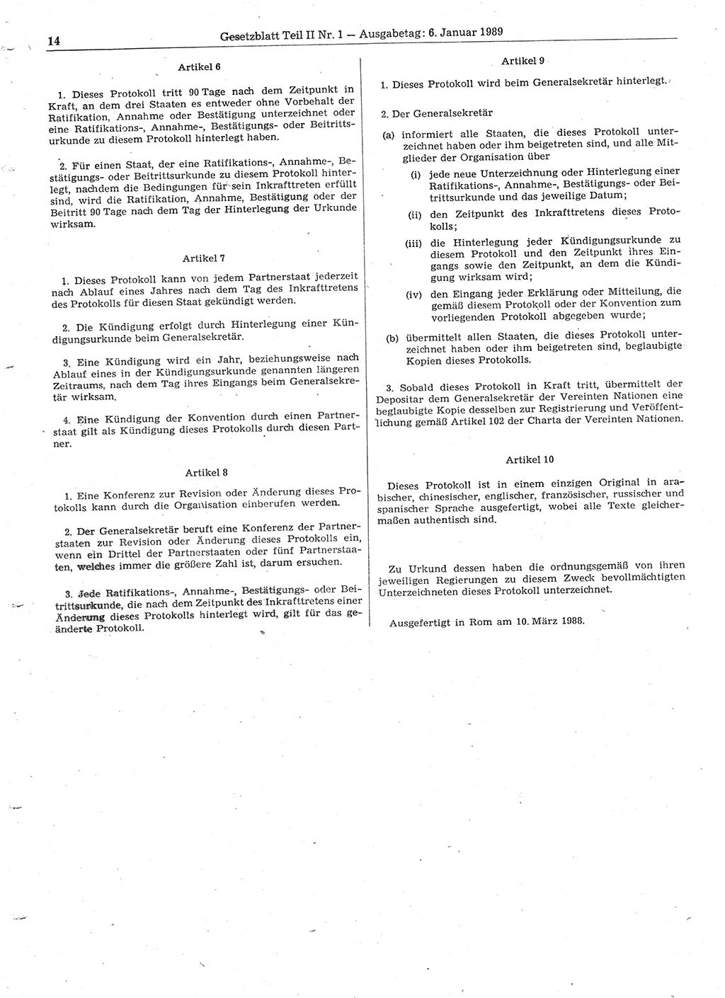 Gesetzblatt (GBl.) der Deutschen Demokratischen Republik (DDR) Teil ⅠⅠ 1989, Seite 14 (GBl. DDR ⅠⅠ 1989, S. 14)