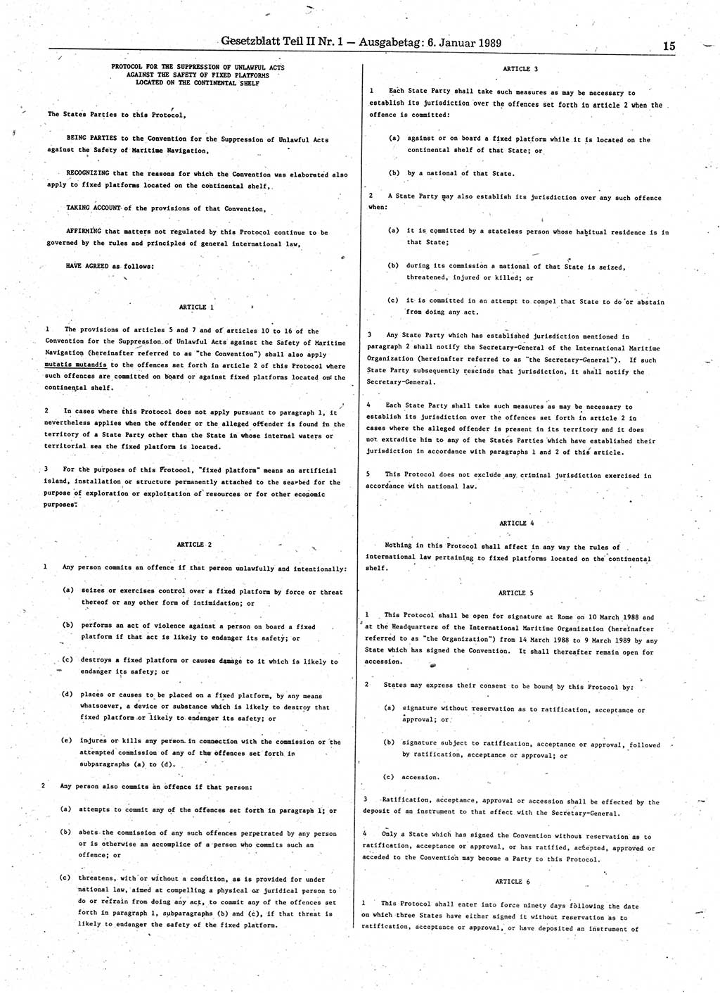 Gesetzblatt (GBl.) der Deutschen Demokratischen Republik (DDR) Teil ⅠⅠ 1989, Seite 15 (GBl. DDR ⅠⅠ 1989, S. 15)
