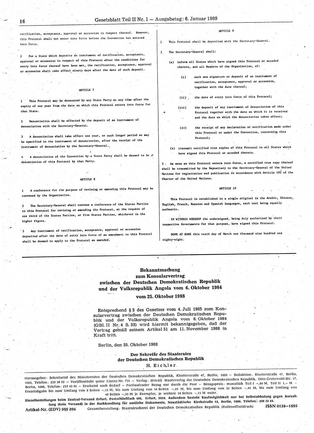 Gesetzblatt (GBl.) der Deutschen Demokratischen Republik (DDR) Teil ⅠⅠ 1989, Seite 16 (GBl. DDR ⅠⅠ 1989, S. 16)