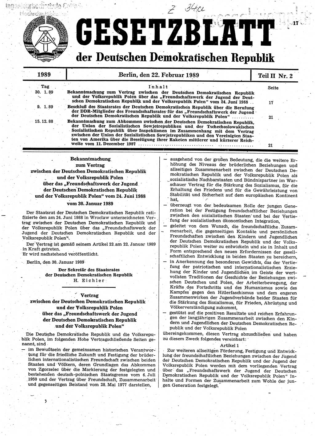 Gesetzblatt (GBl.) der Deutschen Demokratischen Republik (DDR) Teil ⅠⅠ 1989, Seite 17 (GBl. DDR ⅠⅠ 1989, S. 17)