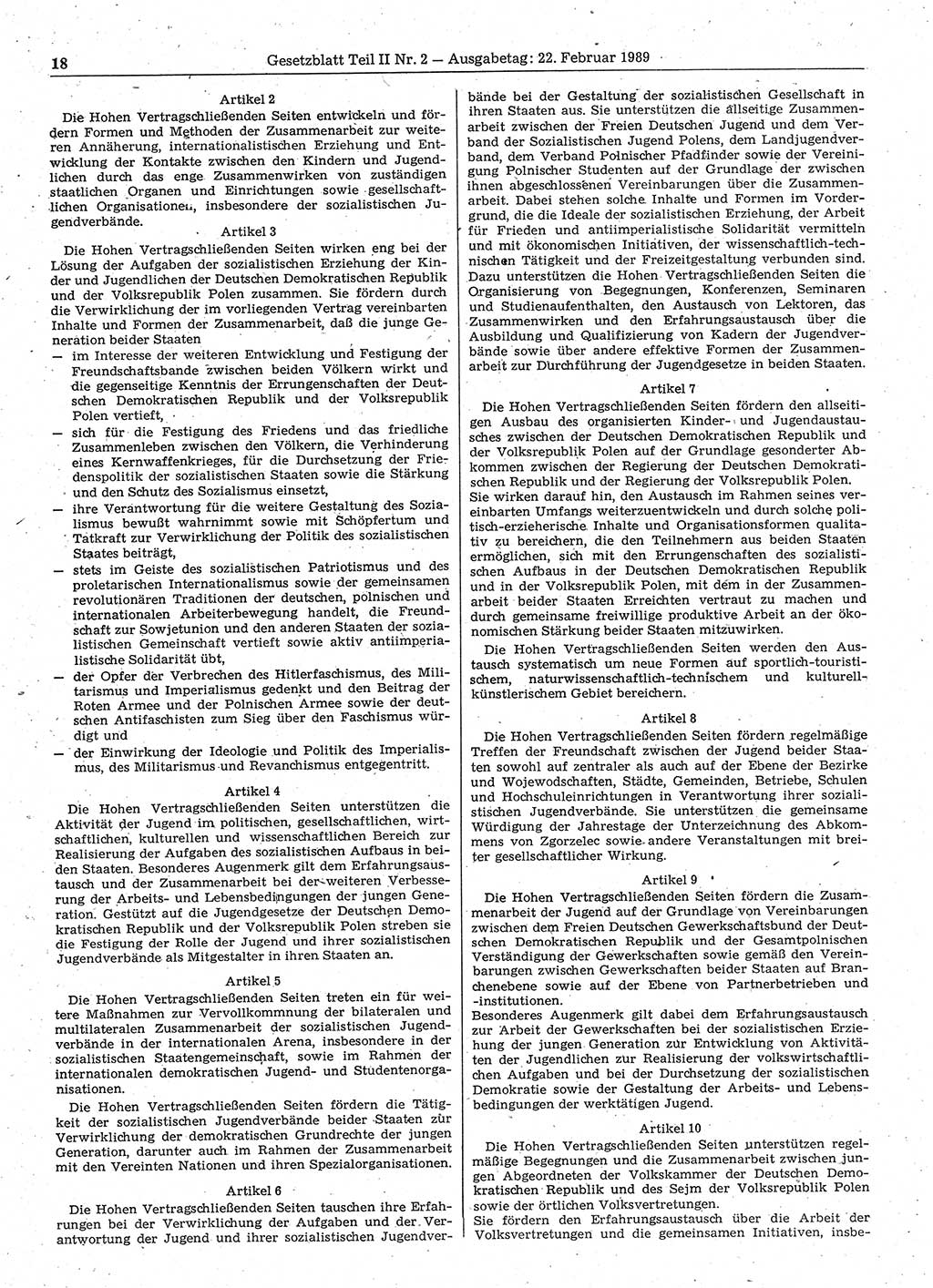 Gesetzblatt (GBl.) der Deutschen Demokratischen Republik (DDR) Teil ⅠⅠ 1989, Seite 18 (GBl. DDR ⅠⅠ 1989, S. 18)