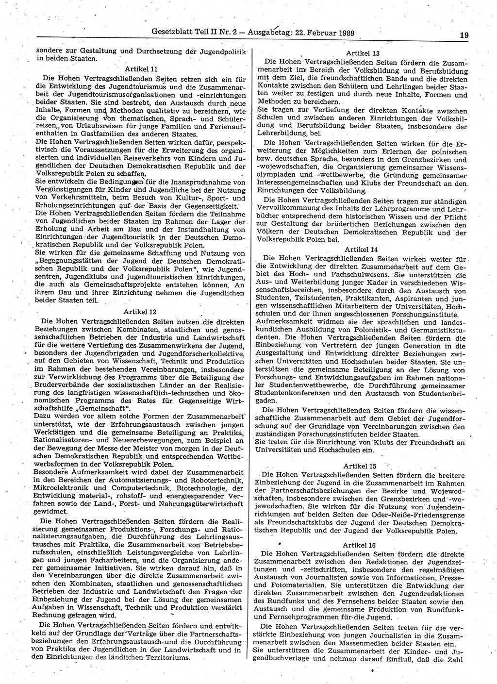 Gesetzblatt (GBl.) der Deutschen Demokratischen Republik (DDR) Teil ⅠⅠ 1989, Seite 19 (GBl. DDR ⅠⅠ 1989, S. 19)