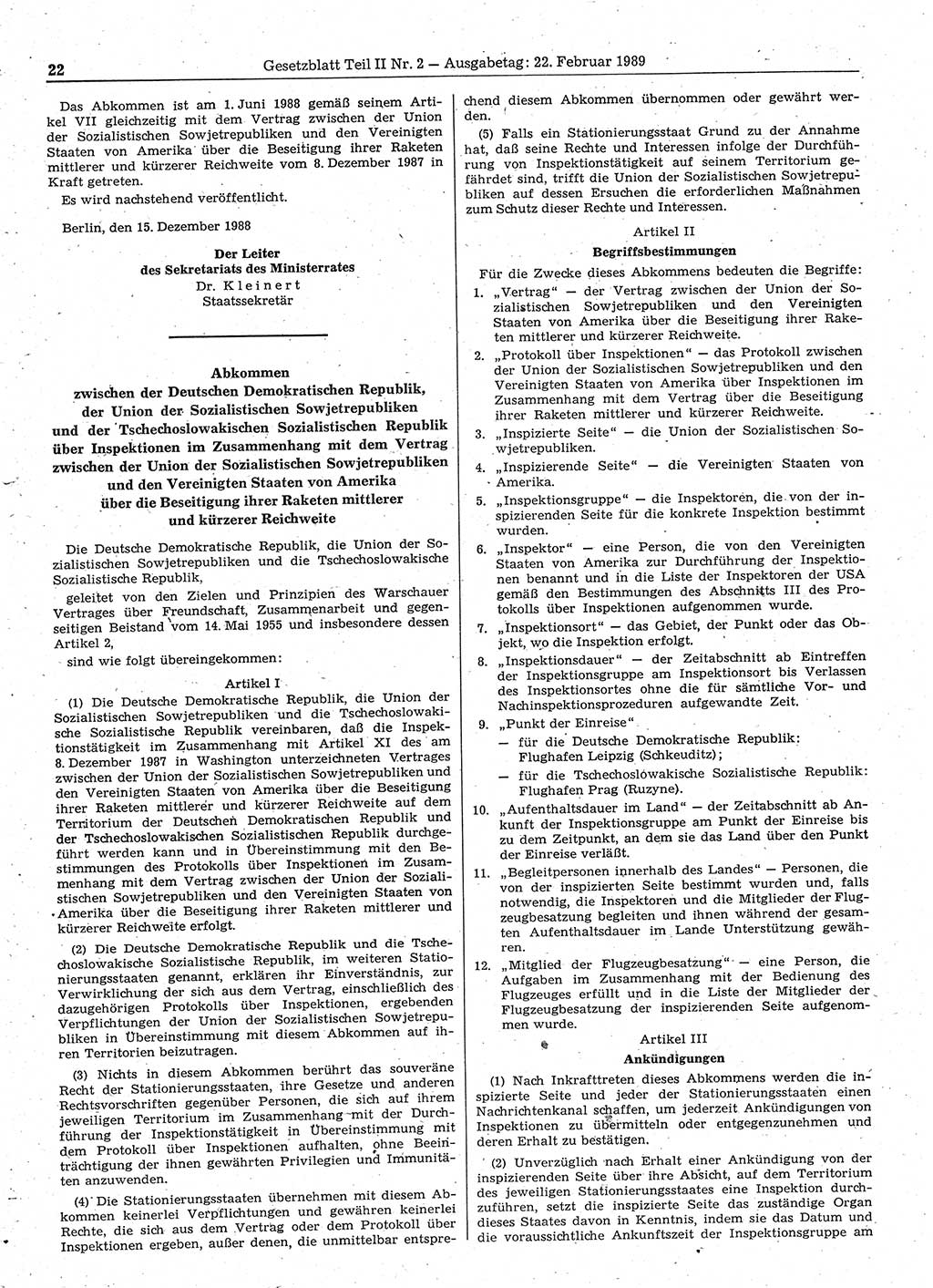 Gesetzblatt (GBl.) der Deutschen Demokratischen Republik (DDR) Teil ⅠⅠ 1989, Seite 22 (GBl. DDR ⅠⅠ 1989, S. 22)
