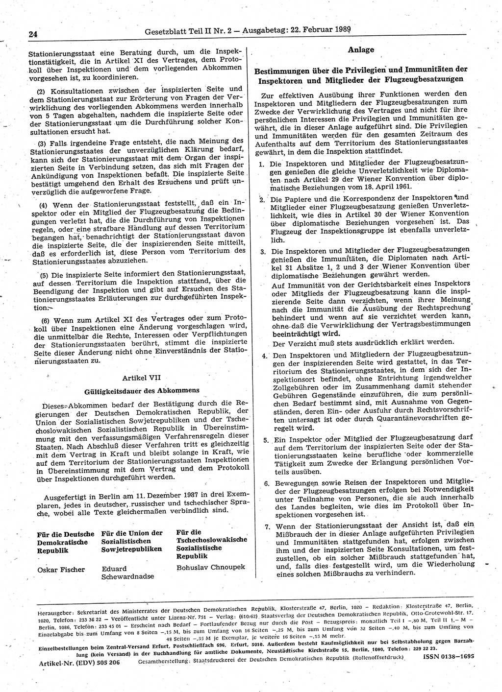Gesetzblatt (GBl.) der Deutschen Demokratischen Republik (DDR) Teil ⅠⅠ 1989, Seite 24 (GBl. DDR ⅠⅠ 1989, S. 24)
