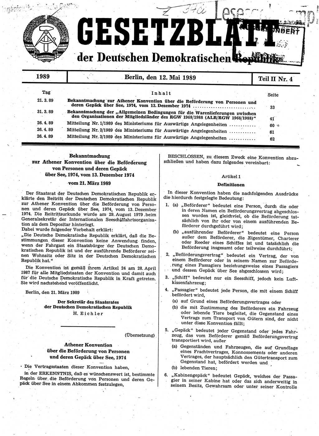 Gesetzblatt (GBl.) der Deutschen Demokratischen Republik (DDR) Teil ⅠⅠ 1989, Seite 33 (GBl. DDR ⅠⅠ 1989, S. 33)
