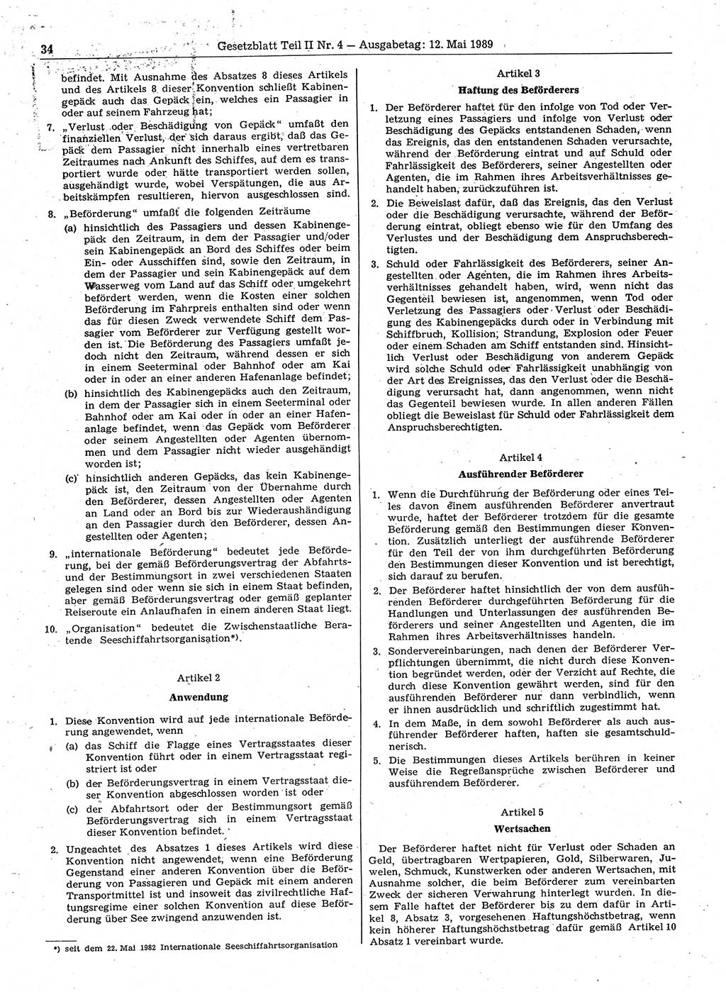 Gesetzblatt (GBl.) der Deutschen Demokratischen Republik (DDR) Teil ⅠⅠ 1989, Seite 34 (GBl. DDR ⅠⅠ 1989, S. 34)
