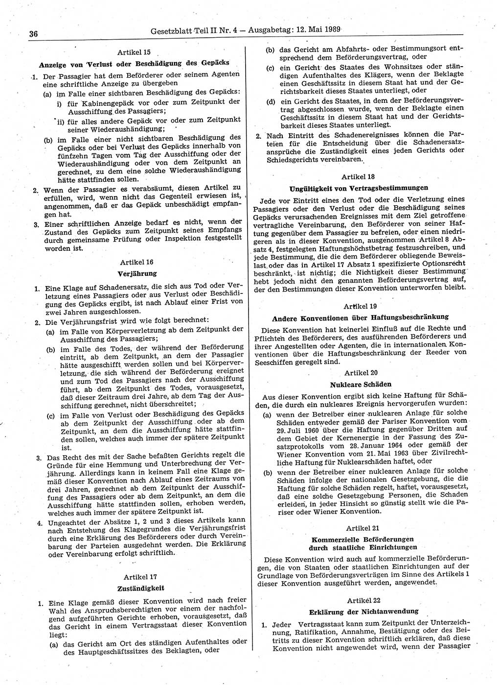 Gesetzblatt (GBl.) der Deutschen Demokratischen Republik (DDR) Teil ⅠⅠ 1989, Seite 36 (GBl. DDR ⅠⅠ 1989, S. 36)