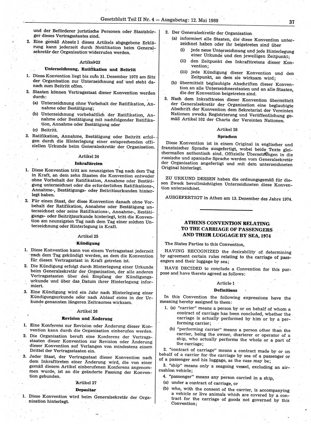Gesetzblatt (GBl.) der Deutschen Demokratischen Republik (DDR) Teil ⅠⅠ 1989, Seite 37 (GBl. DDR ⅠⅠ 1989, S. 37)