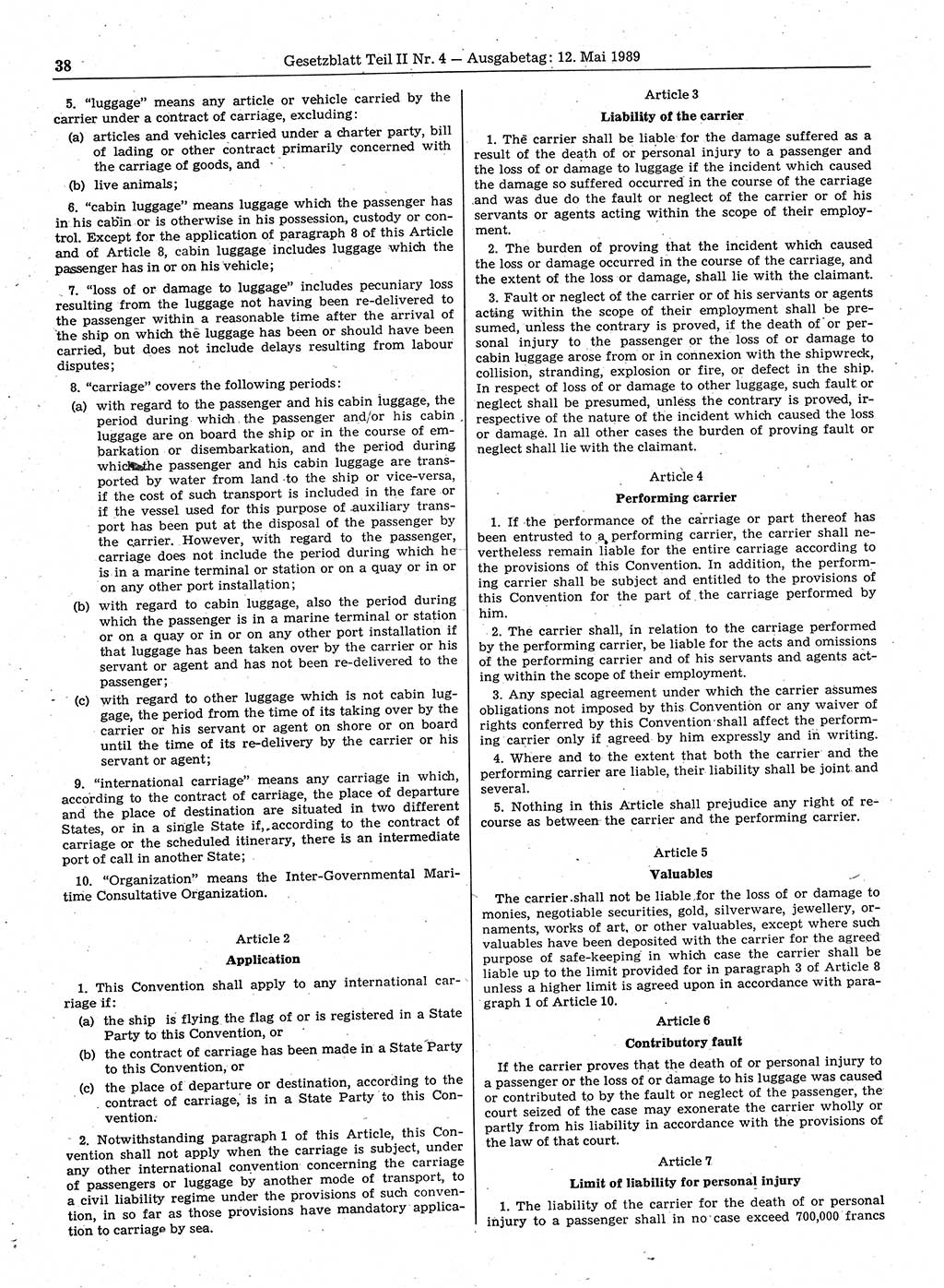Gesetzblatt (GBl.) der Deutschen Demokratischen Republik (DDR) Teil ⅠⅠ 1989, Seite 38 (GBl. DDR ⅠⅠ 1989, S. 38)