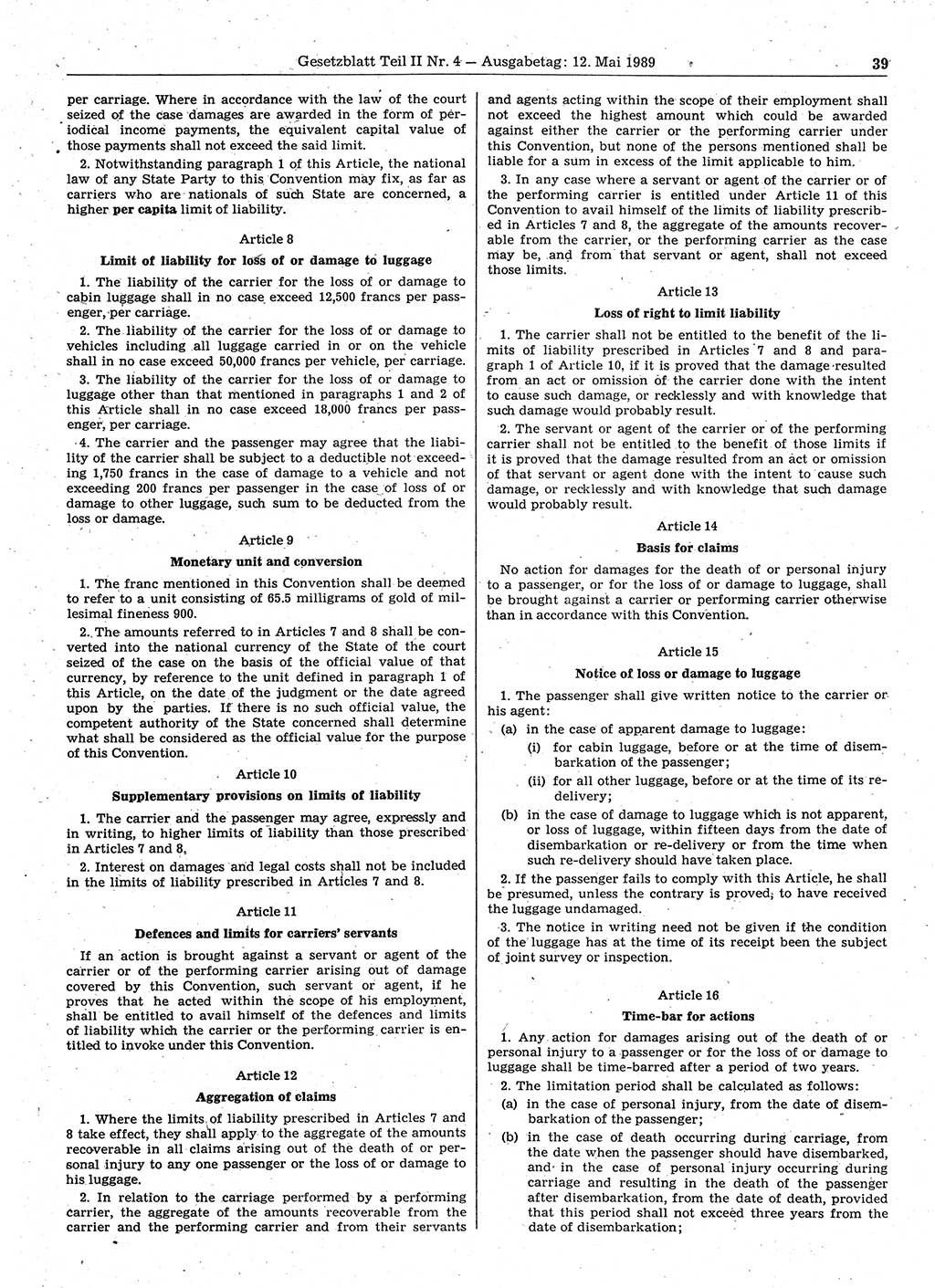 Gesetzblatt (GBl.) der Deutschen Demokratischen Republik (DDR) Teil ⅠⅠ 1989, Seite 39 (GBl. DDR ⅠⅠ 1989, S. 39)