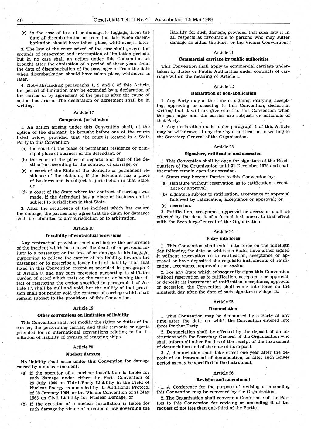 Gesetzblatt (GBl.) der Deutschen Demokratischen Republik (DDR) Teil ⅠⅠ 1989, Seite 40 (GBl. DDR ⅠⅠ 1989, S. 40)