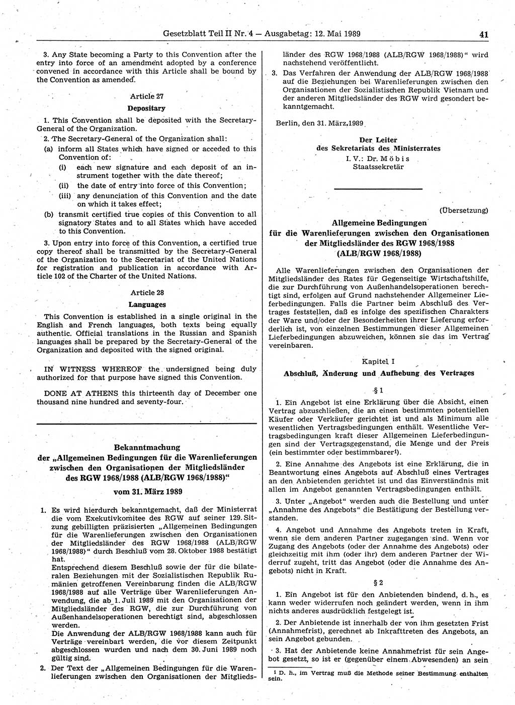 Gesetzblatt (GBl.) der Deutschen Demokratischen Republik (DDR) Teil ⅠⅠ 1989, Seite 41 (GBl. DDR ⅠⅠ 1989, S. 41)