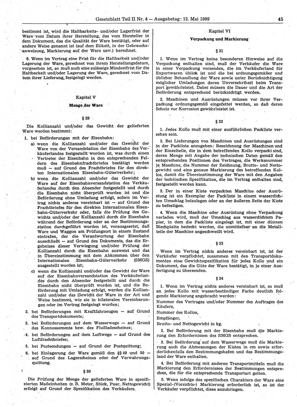 Gesetzblatt (GBl.) der Deutschen Demokratischen Republik (DDR) Teil ⅠⅠ 1989, Seite 45 (GBl. DDR ⅠⅠ 1989, S. 45)