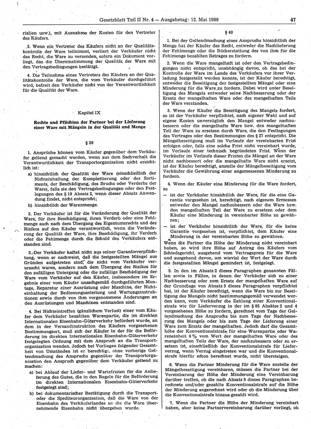 Gesetzblatt (GBl.) der Deutschen Demokratischen Republik (DDR) Teil ⅠⅠ 1989, Seite 47 (GBl. DDR ⅠⅠ 1989, S. 47)