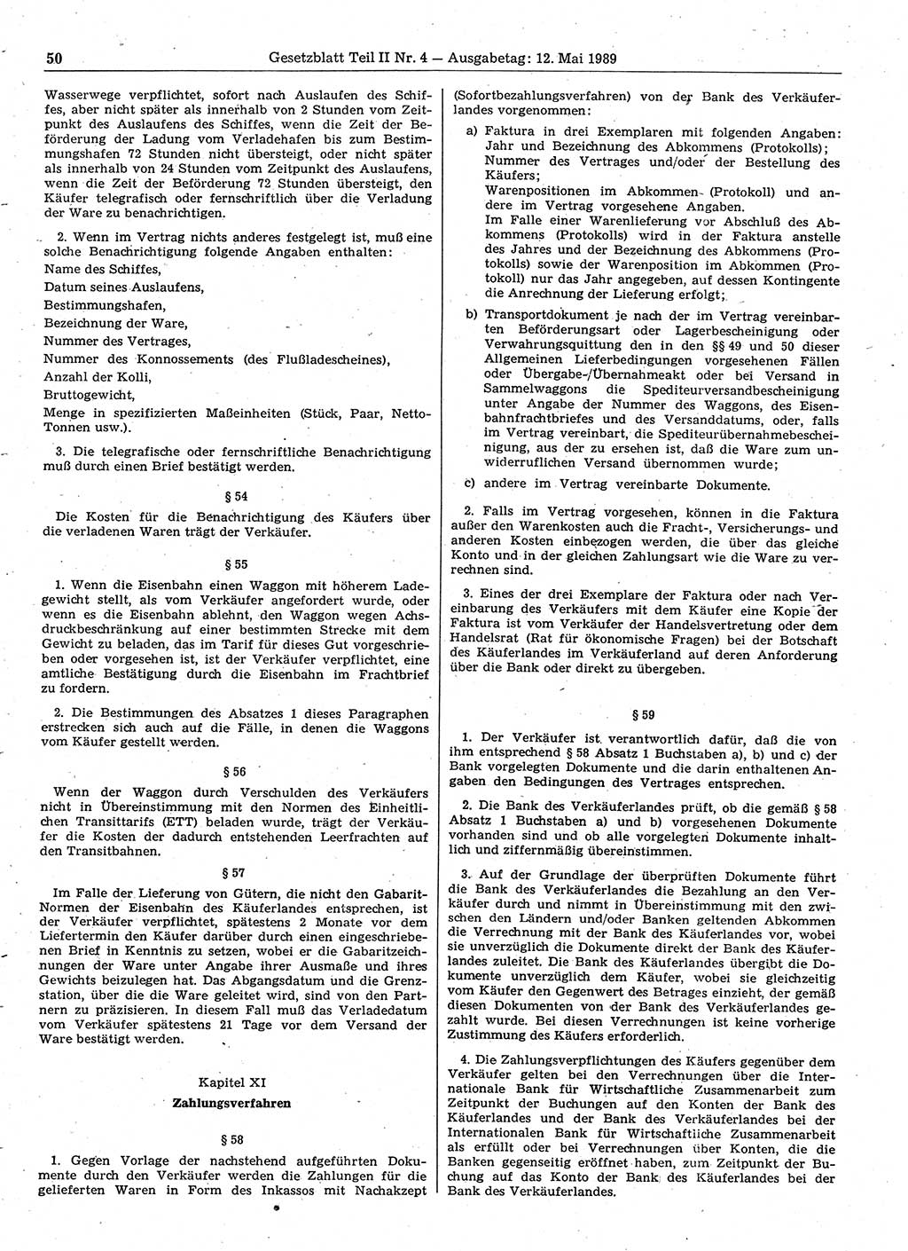 Gesetzblatt (GBl.) der Deutschen Demokratischen Republik (DDR) Teil ⅠⅠ 1989, Seite 50 (GBl. DDR ⅠⅠ 1989, S. 50)