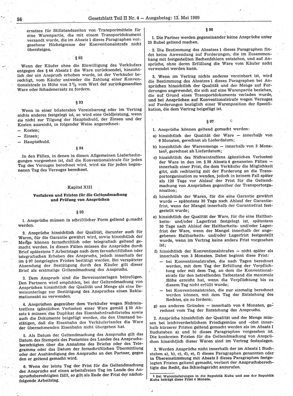 Gesetzblatt (GBl.) der Deutschen Demokratischen Republik (DDR) Teil ⅠⅠ 1989, Seite 56 (GBl. DDR ⅠⅠ 1989, S. 56)