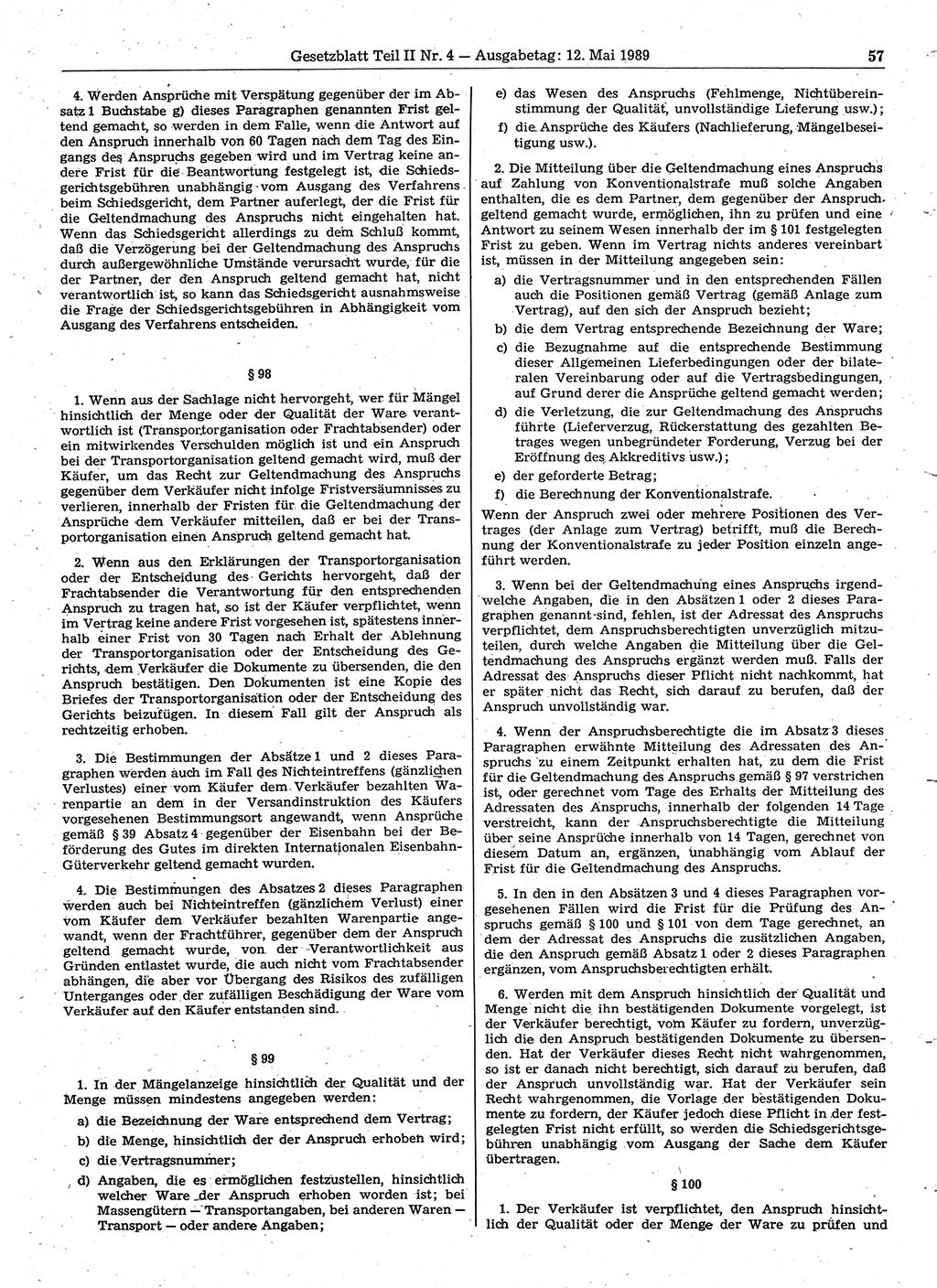 Gesetzblatt (GBl.) der Deutschen Demokratischen Republik (DDR) Teil ⅠⅠ 1989, Seite 57 (GBl. DDR ⅠⅠ 1989, S. 57)