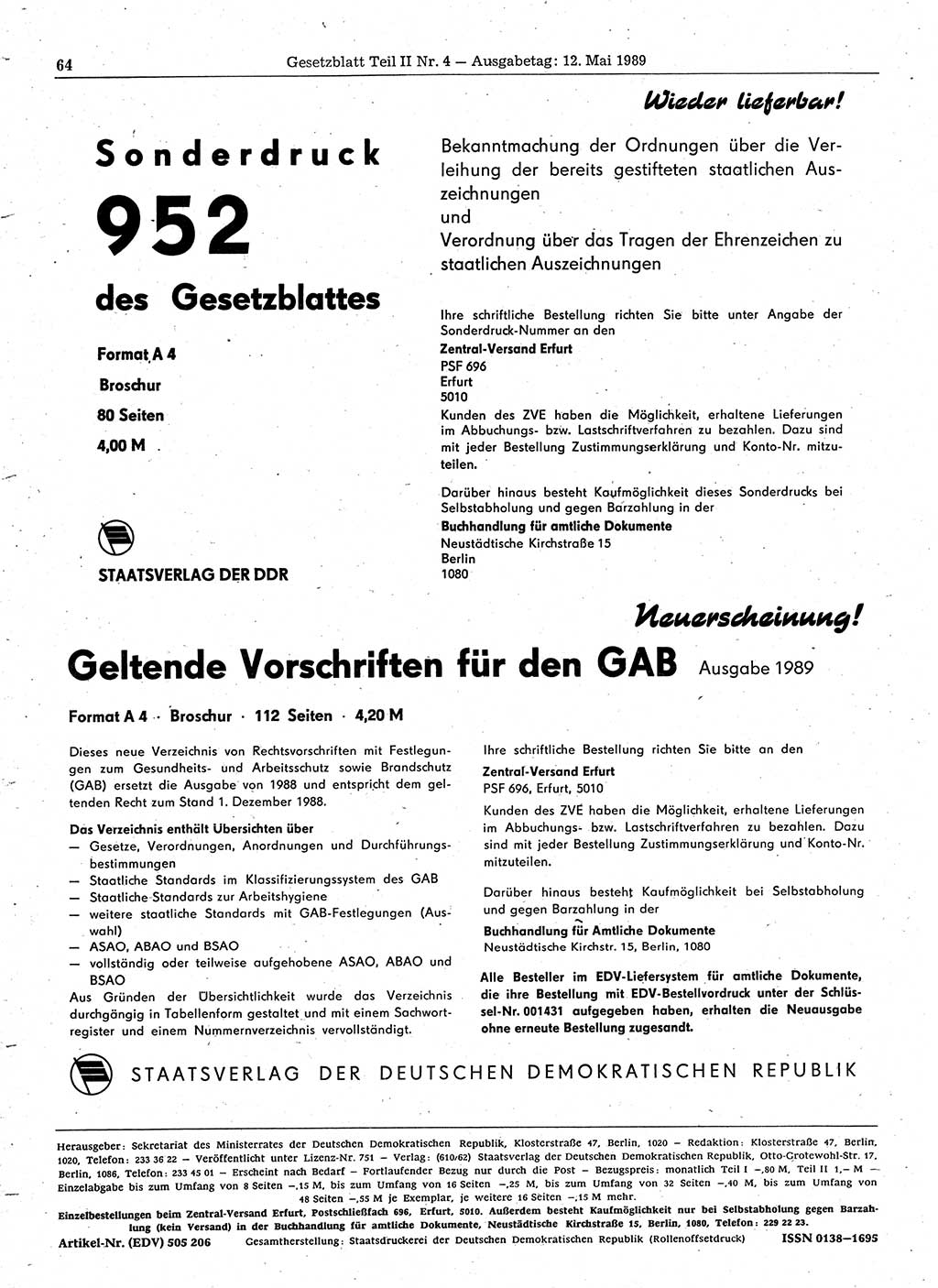 Gesetzblatt (GBl.) der Deutschen Demokratischen Republik (DDR) Teil ⅠⅠ 1989, Seite 64 (GBl. DDR ⅠⅠ 1989, S. 64)