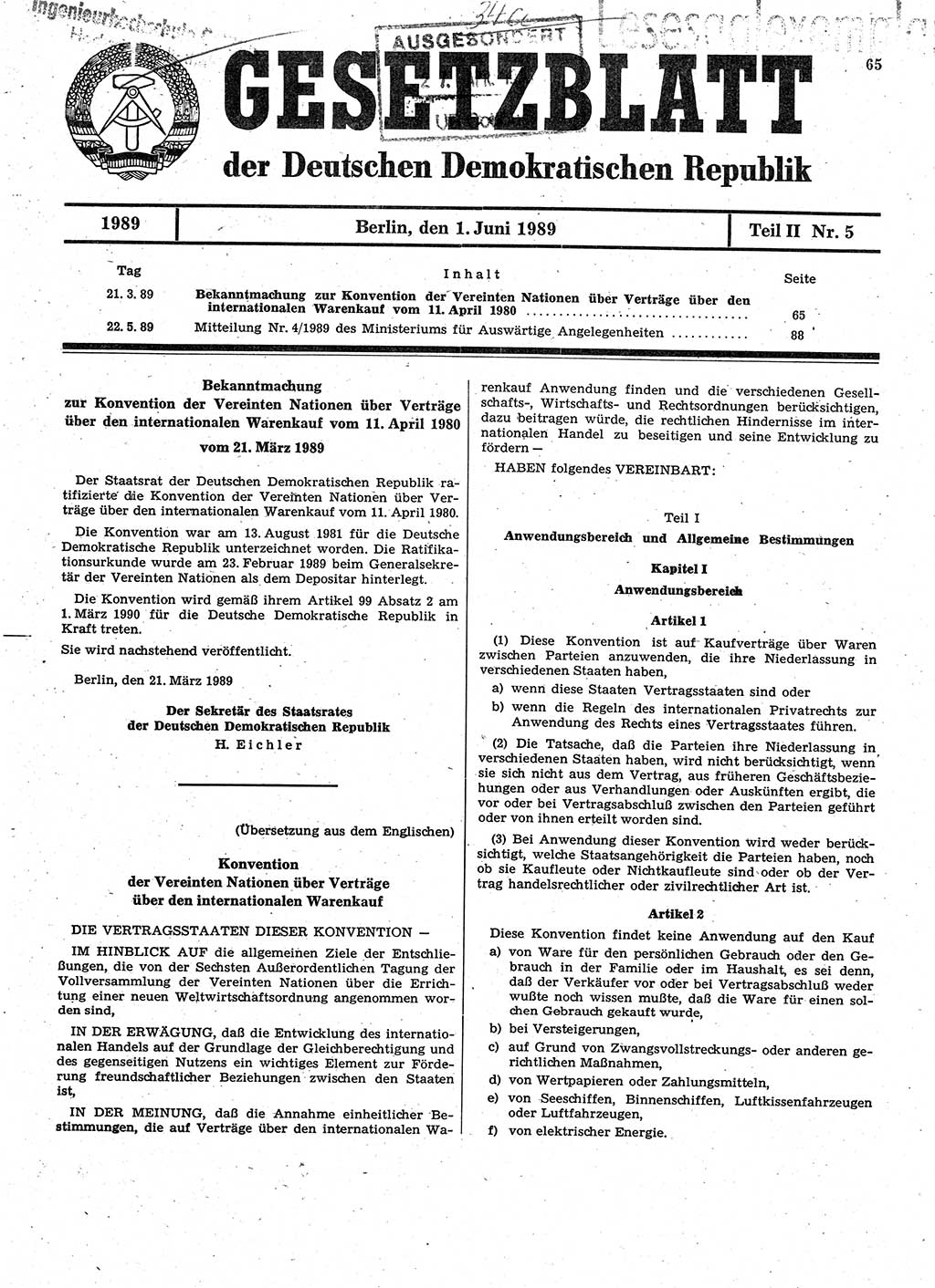 Gesetzblatt (GBl.) der Deutschen Demokratischen Republik (DDR) Teil ⅠⅠ 1989, Seite 65 (GBl. DDR ⅠⅠ 1989, S. 65)