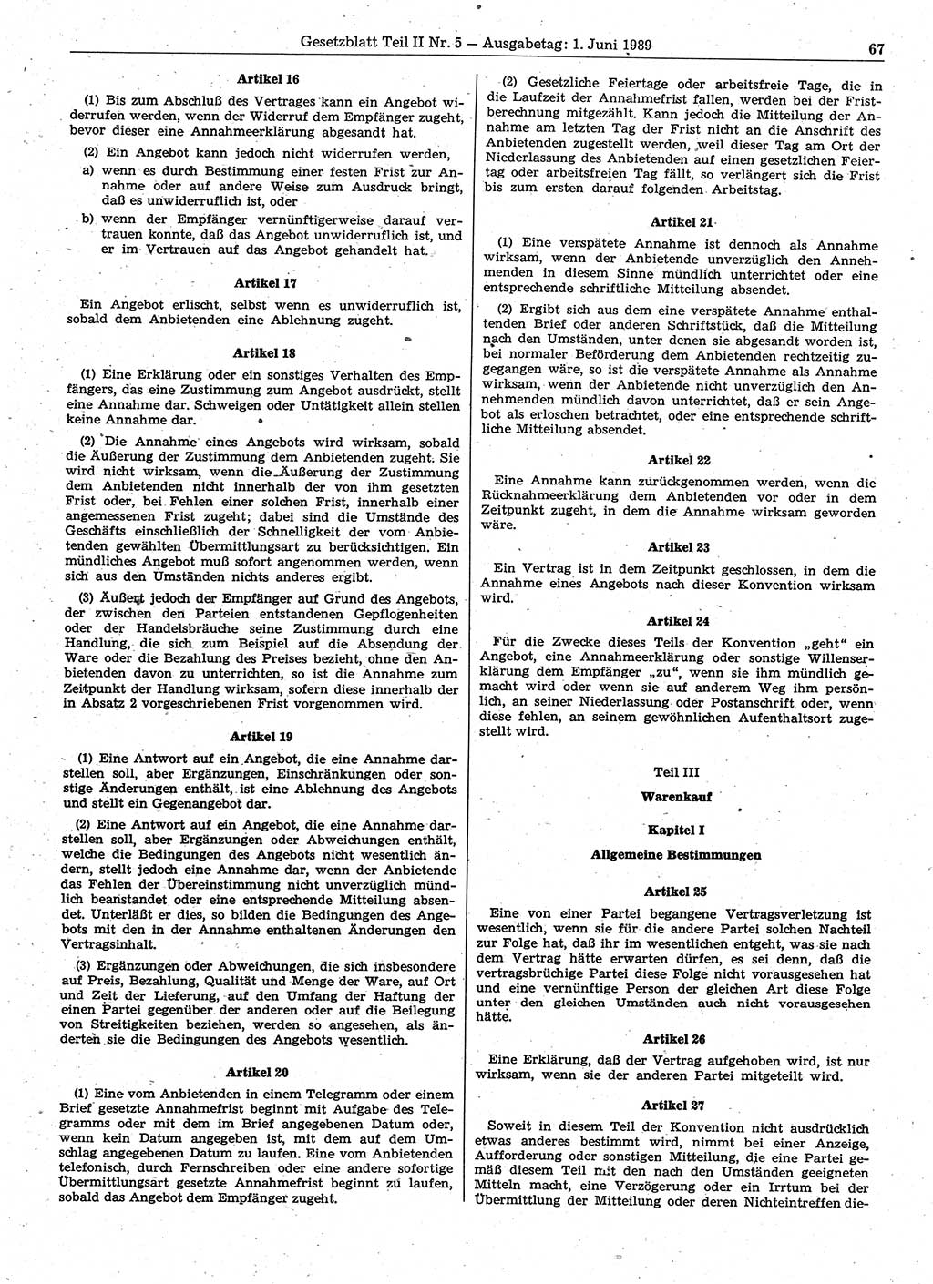 Gesetzblatt (GBl.) der Deutschen Demokratischen Republik (DDR) Teil ⅠⅠ 1989, Seite 67 (GBl. DDR ⅠⅠ 1989, S. 67)
