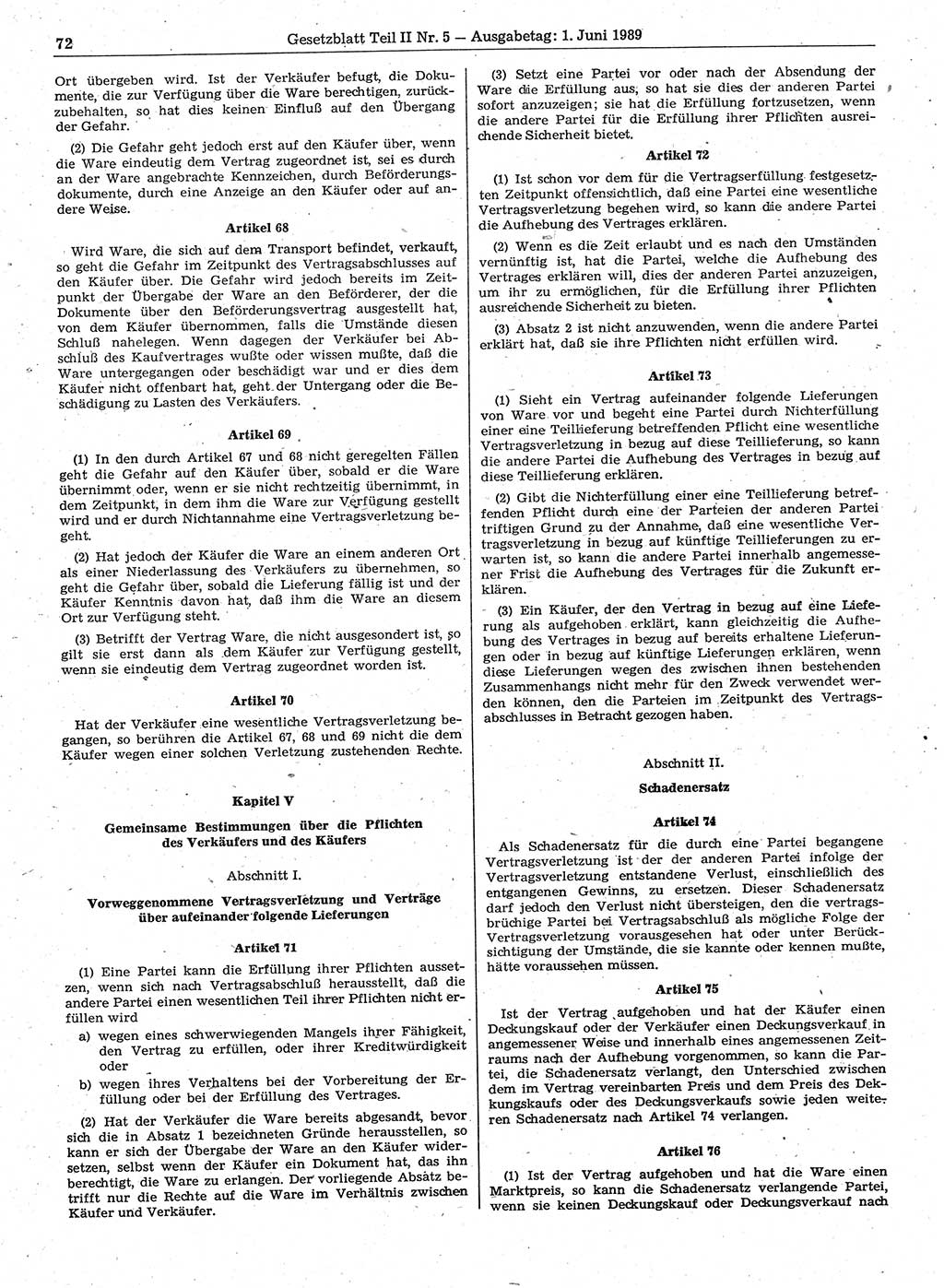 Gesetzblatt (GBl.) der Deutschen Demokratischen Republik (DDR) Teil ⅠⅠ 1989, Seite 72 (GBl. DDR ⅠⅠ 1989, S. 72)