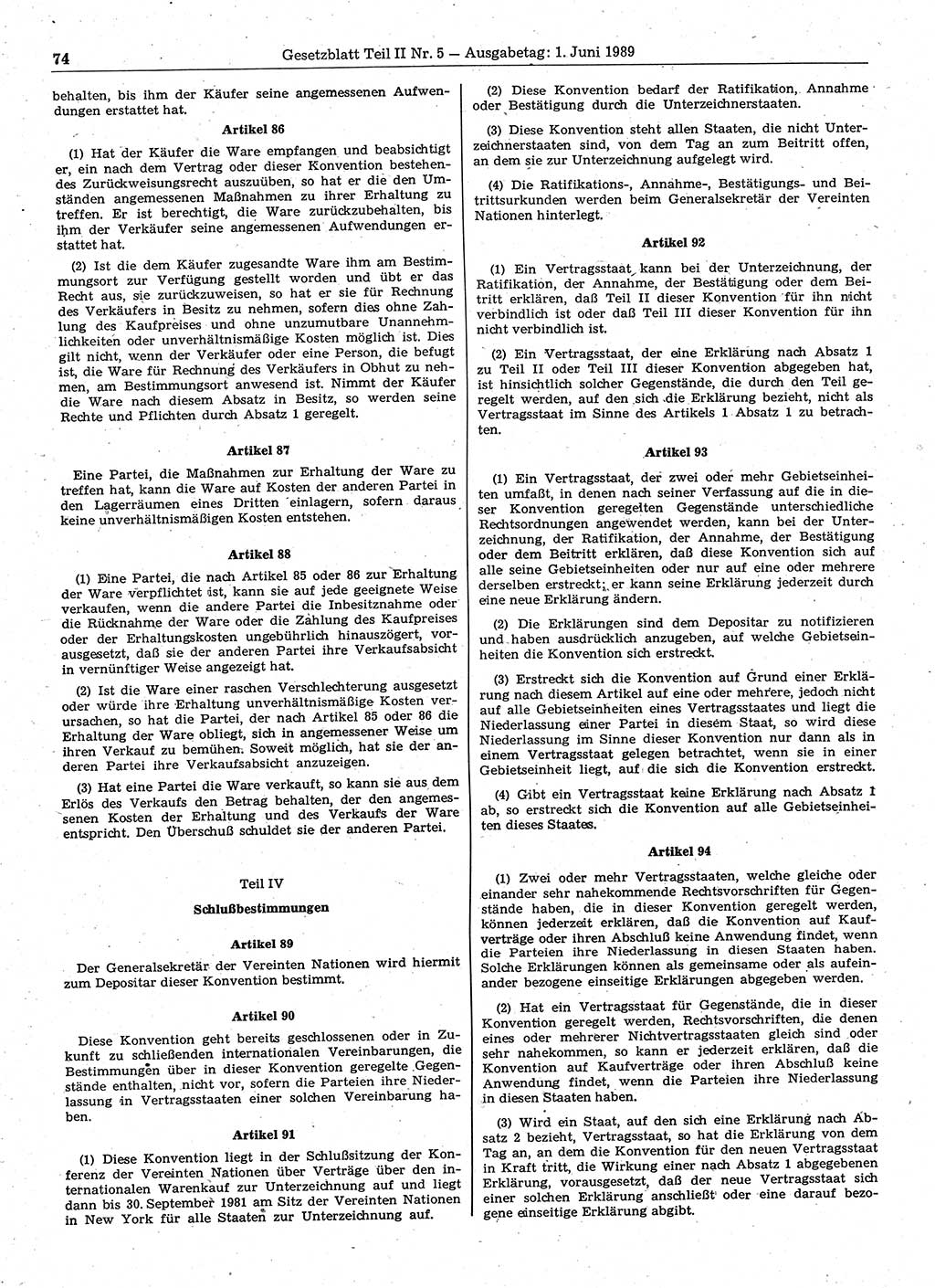 Gesetzblatt (GBl.) der Deutschen Demokratischen Republik (DDR) Teil ⅠⅠ 1989, Seite 74 (GBl. DDR ⅠⅠ 1989, S. 74)