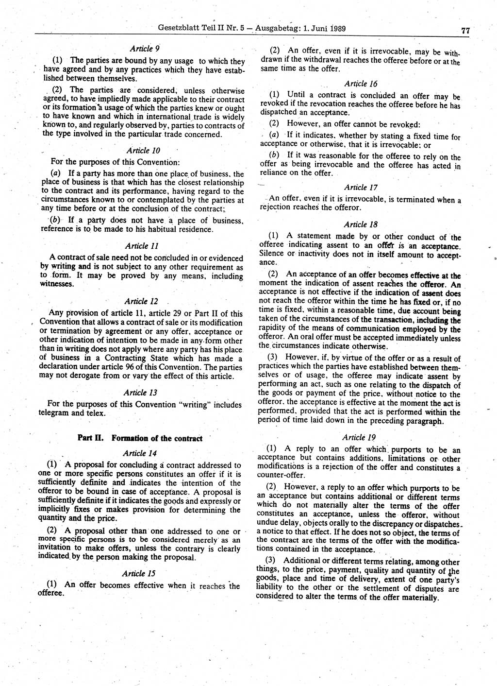 Gesetzblatt (GBl.) der Deutschen Demokratischen Republik (DDR) Teil ⅠⅠ 1989, Seite 77 (GBl. DDR ⅠⅠ 1989, S. 77)