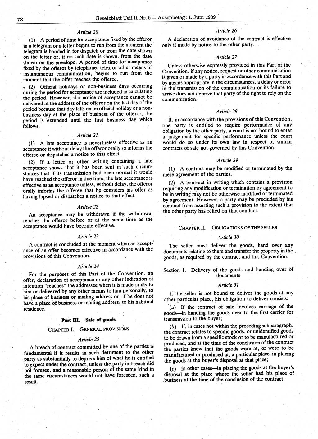 Gesetzblatt (GBl.) der Deutschen Demokratischen Republik (DDR) Teil ⅠⅠ 1989, Seite 78 (GBl. DDR ⅠⅠ 1989, S. 78)