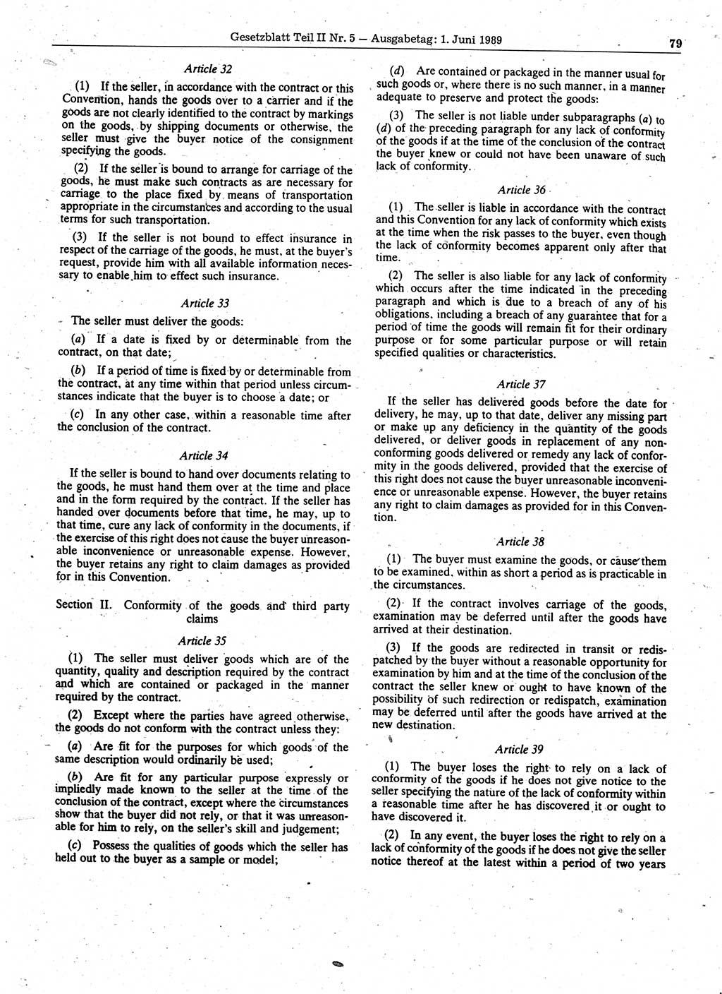 Gesetzblatt (GBl.) der Deutschen Demokratischen Republik (DDR) Teil ⅠⅠ 1989, Seite 79 (GBl. DDR ⅠⅠ 1989, S. 79)