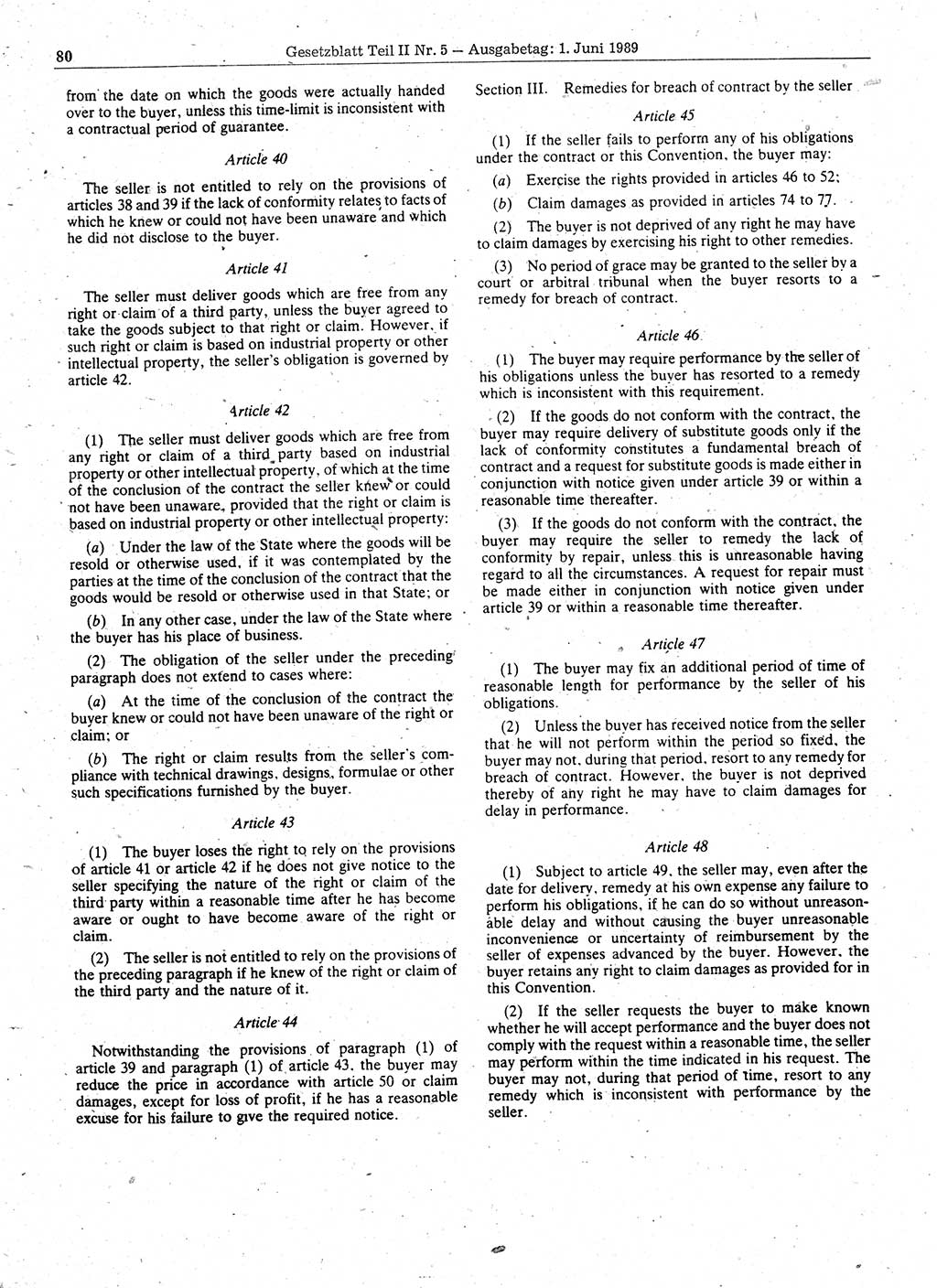 Gesetzblatt (GBl.) der Deutschen Demokratischen Republik (DDR) Teil ⅠⅠ 1989, Seite 80 (GBl. DDR ⅠⅠ 1989, S. 80)