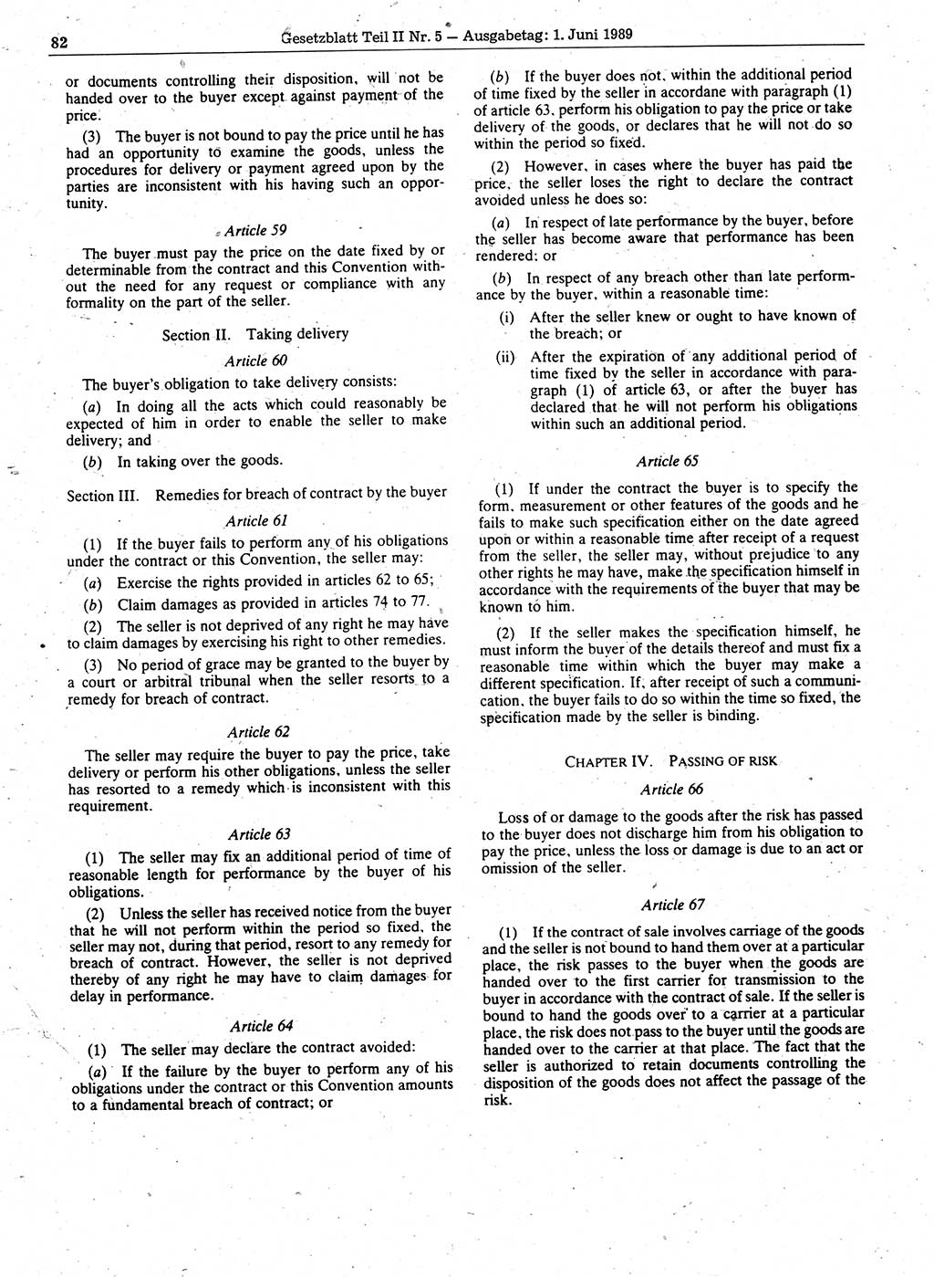 Gesetzblatt (GBl.) der Deutschen Demokratischen Republik (DDR) Teil ⅠⅠ 1989, Seite 82 (GBl. DDR ⅠⅠ 1989, S. 82)