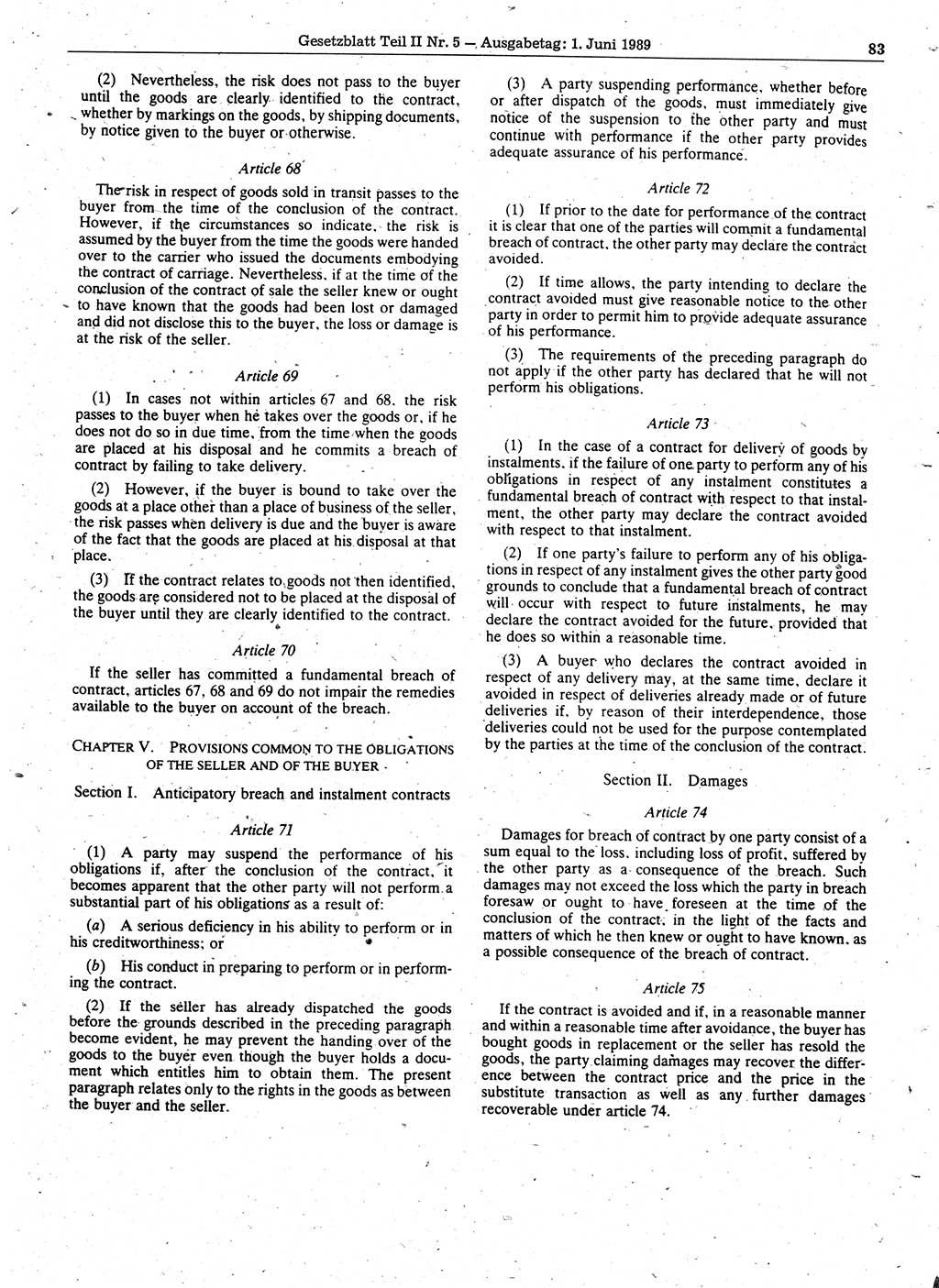 Gesetzblatt (GBl.) der Deutschen Demokratischen Republik (DDR) Teil ⅠⅠ 1989, Seite 83 (GBl. DDR ⅠⅠ 1989, S. 83)