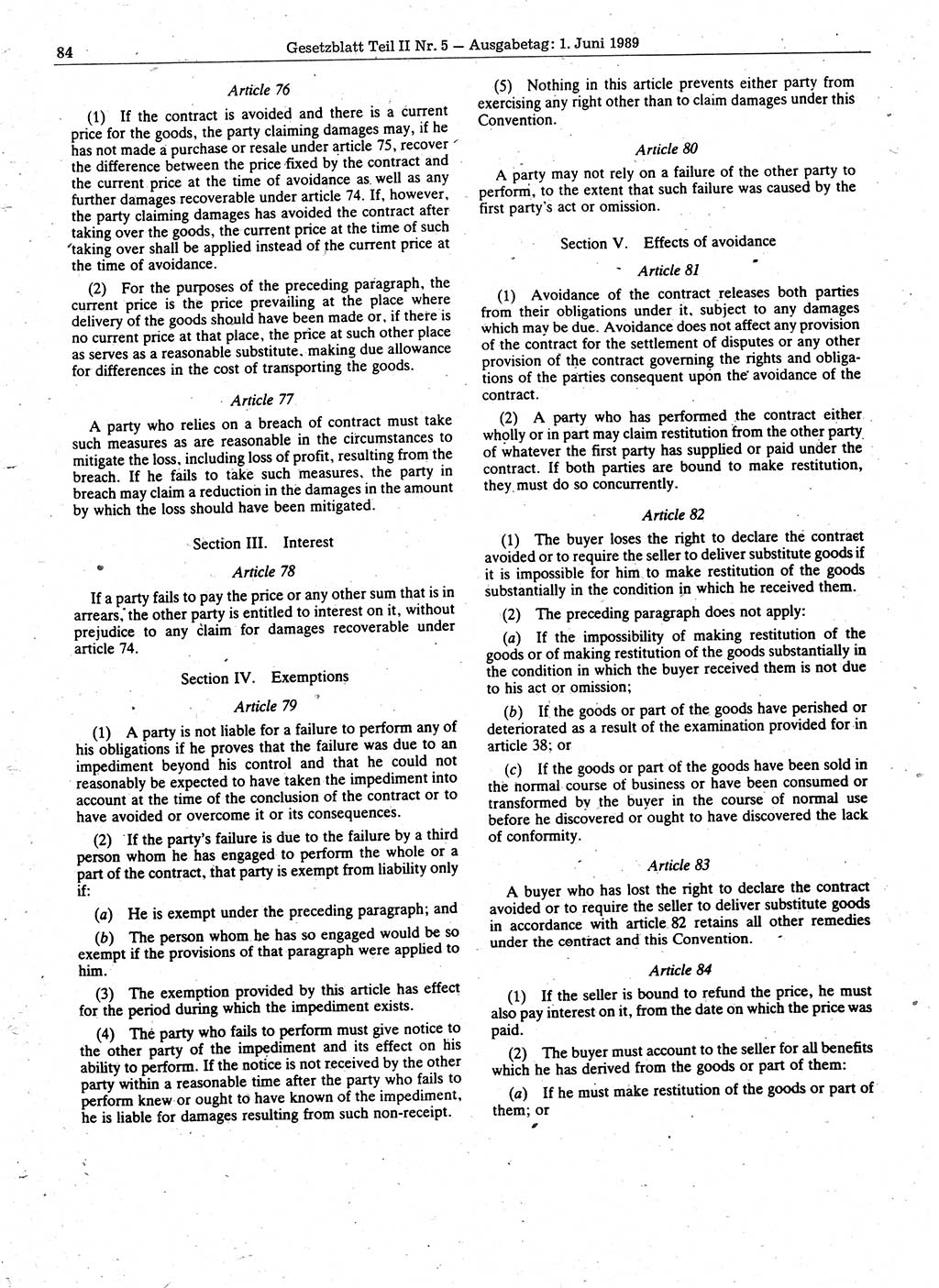 Gesetzblatt (GBl.) der Deutschen Demokratischen Republik (DDR) Teil ⅠⅠ 1989, Seite 84 (GBl. DDR ⅠⅠ 1989, S. 84)
