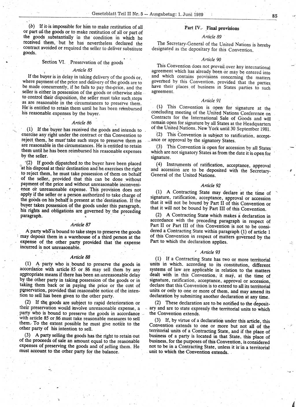 Gesetzblatt (GBl.) der Deutschen Demokratischen Republik (DDR) Teil ⅠⅠ 1989, Seite 85 (GBl. DDR ⅠⅠ 1989, S. 85)