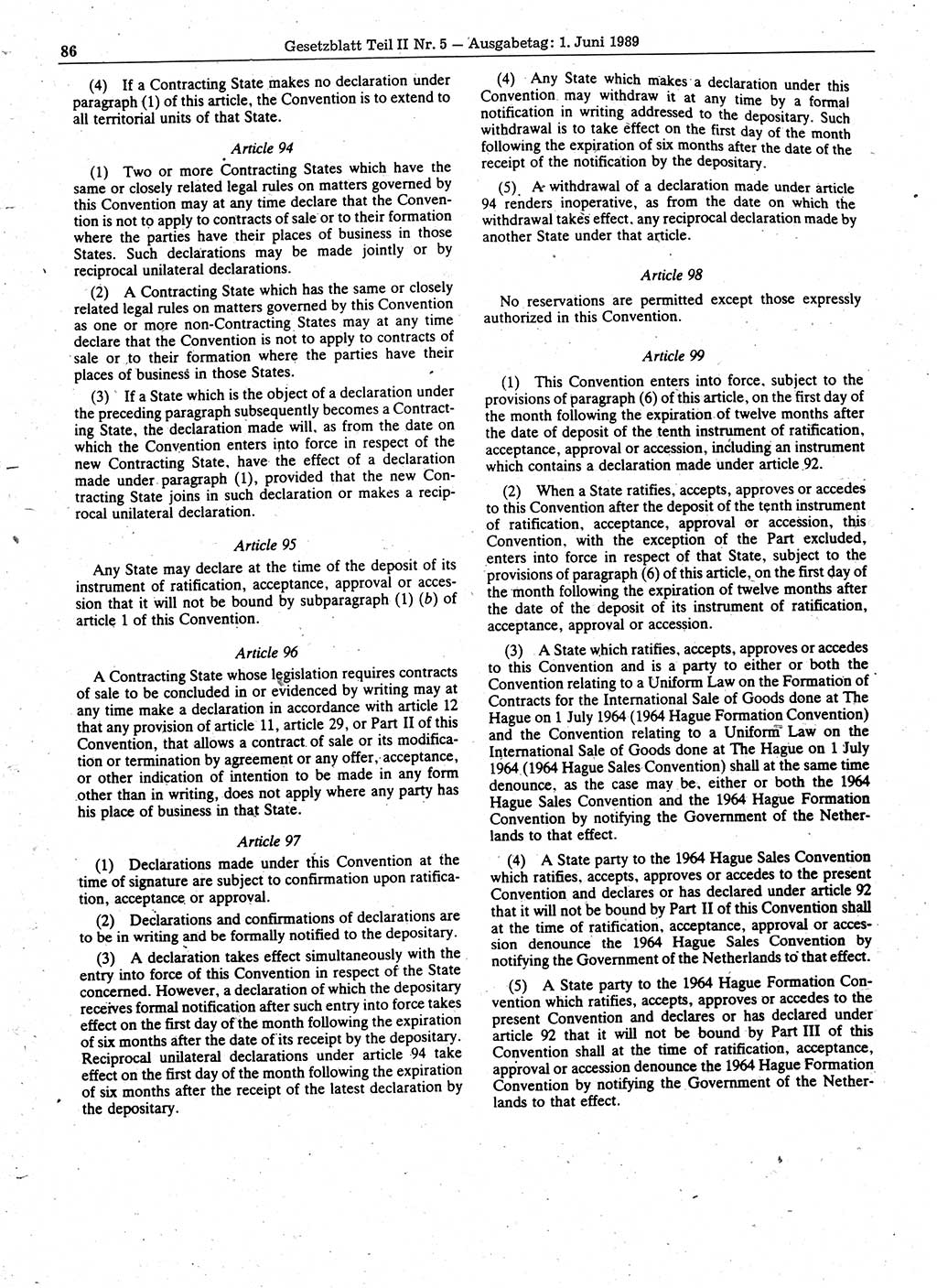 Gesetzblatt (GBl.) der Deutschen Demokratischen Republik (DDR) Teil ⅠⅠ 1989, Seite 86 (GBl. DDR ⅠⅠ 1989, S. 86)