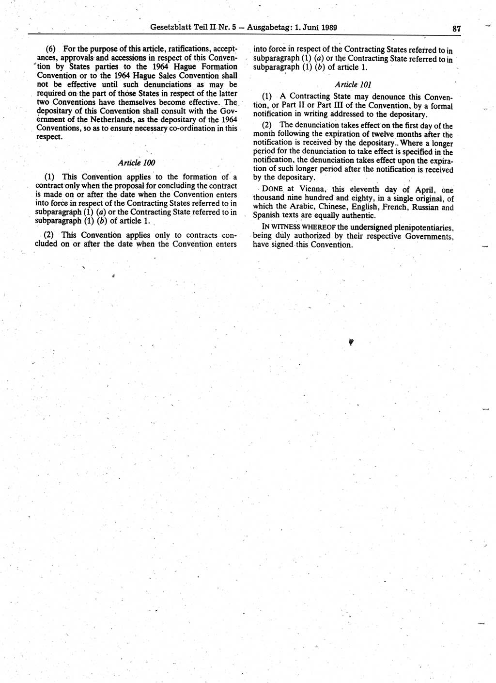 Gesetzblatt (GBl.) der Deutschen Demokratischen Republik (DDR) Teil ⅠⅠ 1989, Seite 87 (GBl. DDR ⅠⅠ 1989, S. 87)