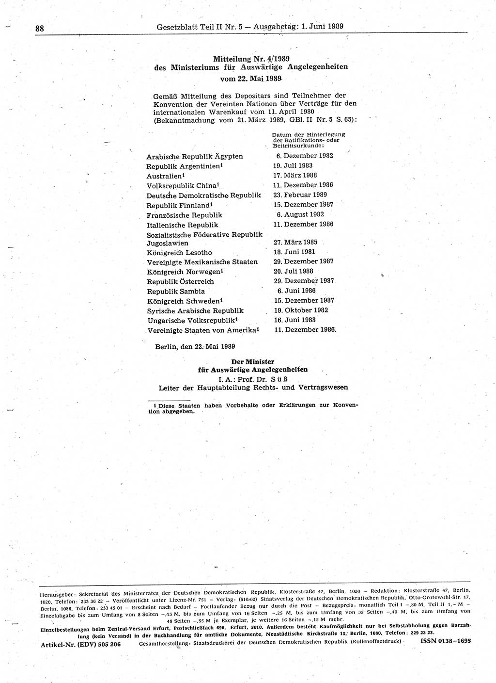 Gesetzblatt (GBl.) der Deutschen Demokratischen Republik (DDR) Teil ⅠⅠ 1989, Seite 88 (GBl. DDR ⅠⅠ 1989, S. 88)