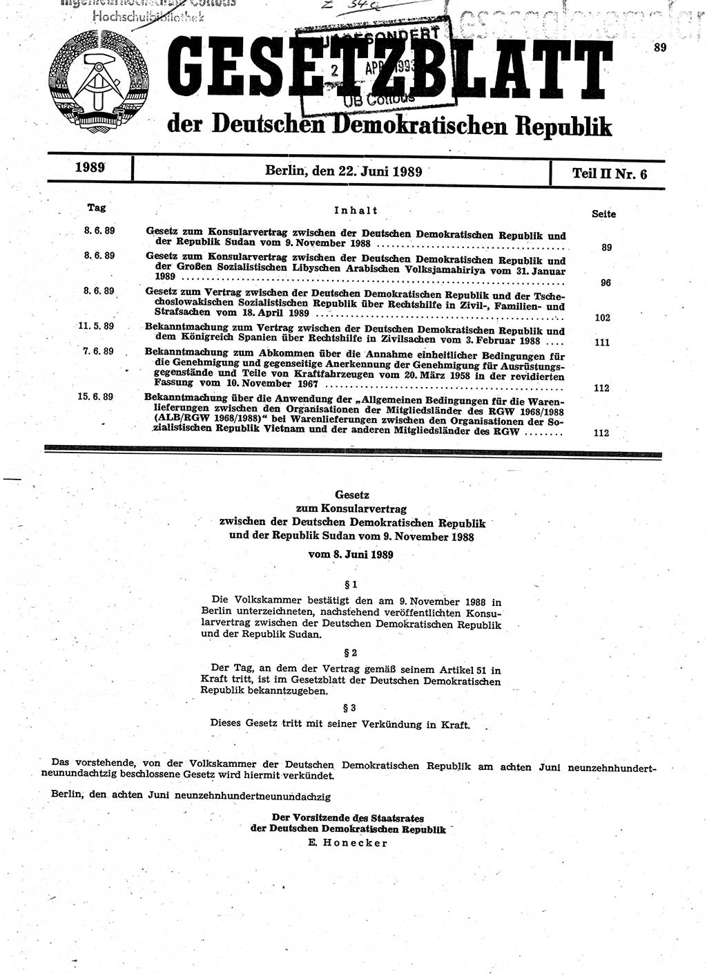 Gesetzblatt (GBl.) der Deutschen Demokratischen Republik (DDR) Teil ⅠⅠ 1989, Seite 89 (GBl. DDR ⅠⅠ 1989, S. 89)