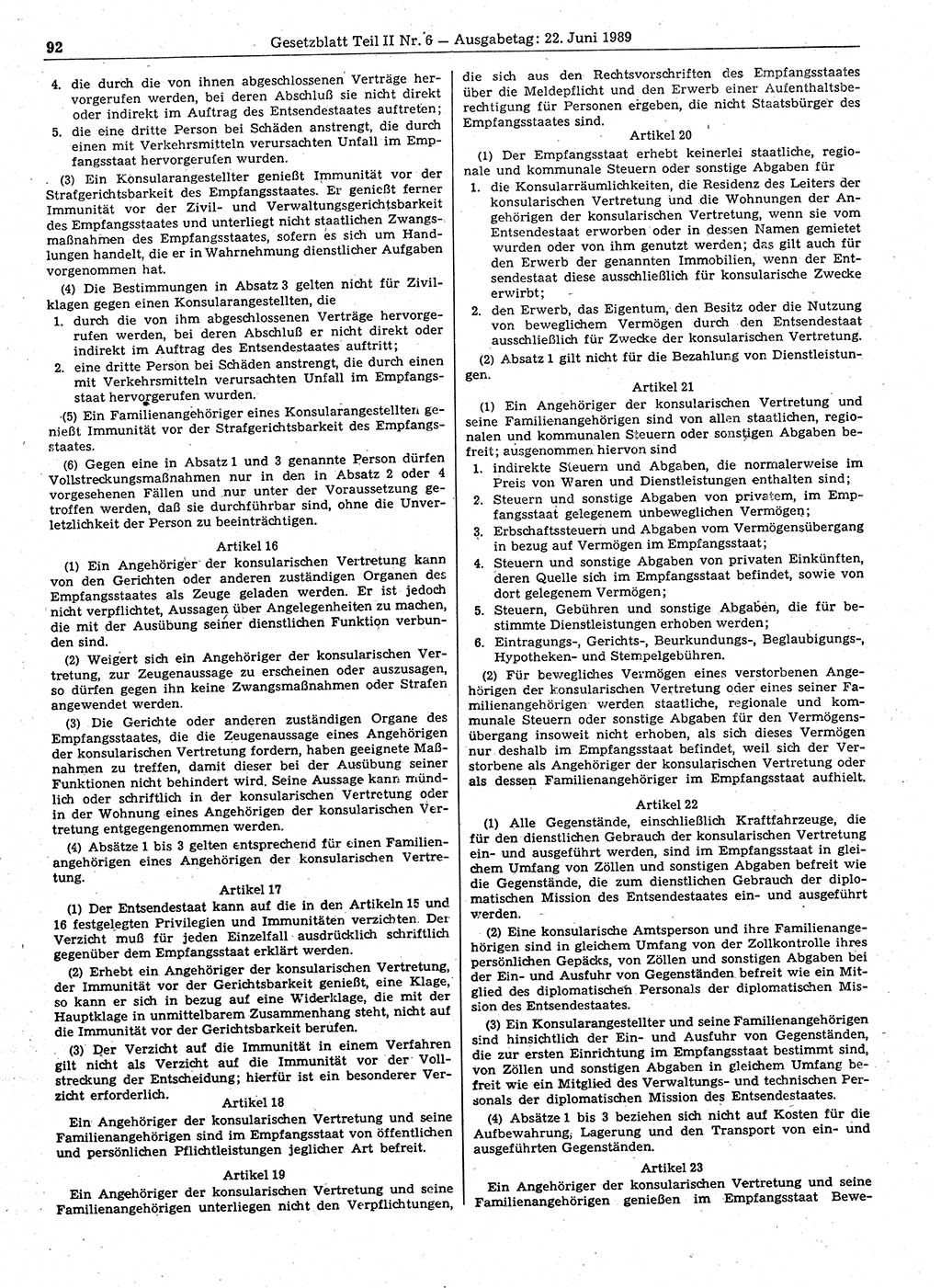 Gesetzblatt (GBl.) der Deutschen Demokratischen Republik (DDR) Teil ⅠⅠ 1989, Seite 92 (GBl. DDR ⅠⅠ 1989, S. 92)